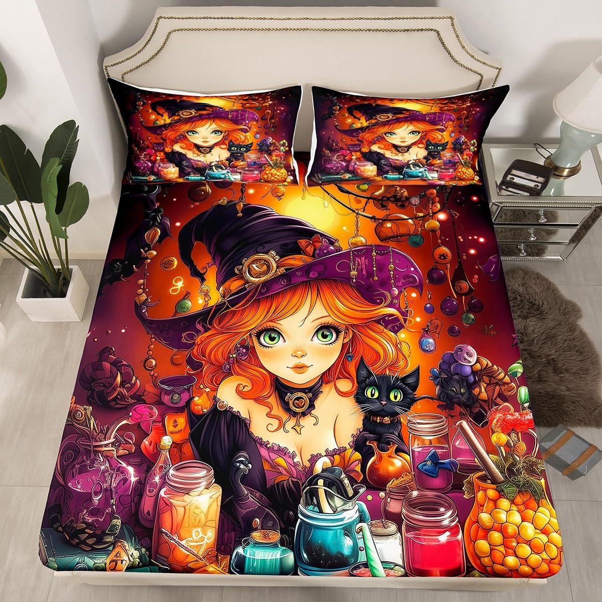 Cartoon Witch Bedding Set Full Size,Halloween Fitted Sheet