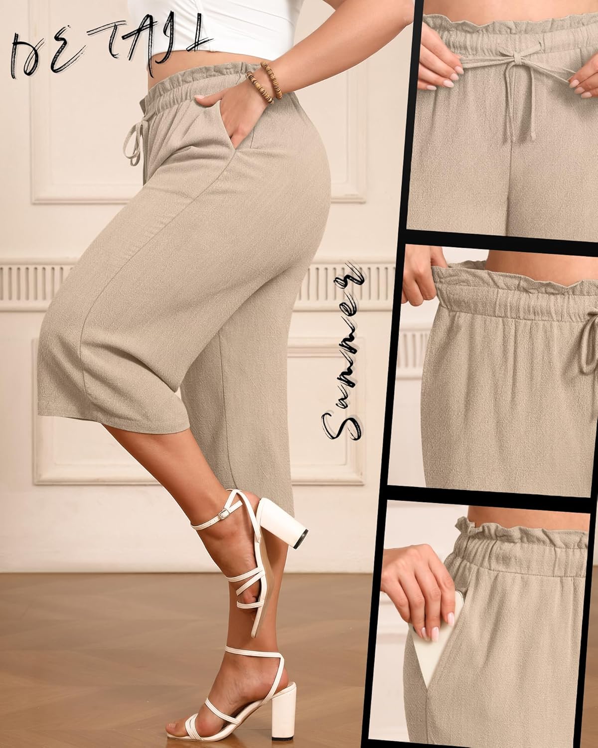 Evervibe 2 Pack Linen Capri Pants for Women L - 5XL Plus Size High Waist Drawstring Pockets Casual Cropped Trousers