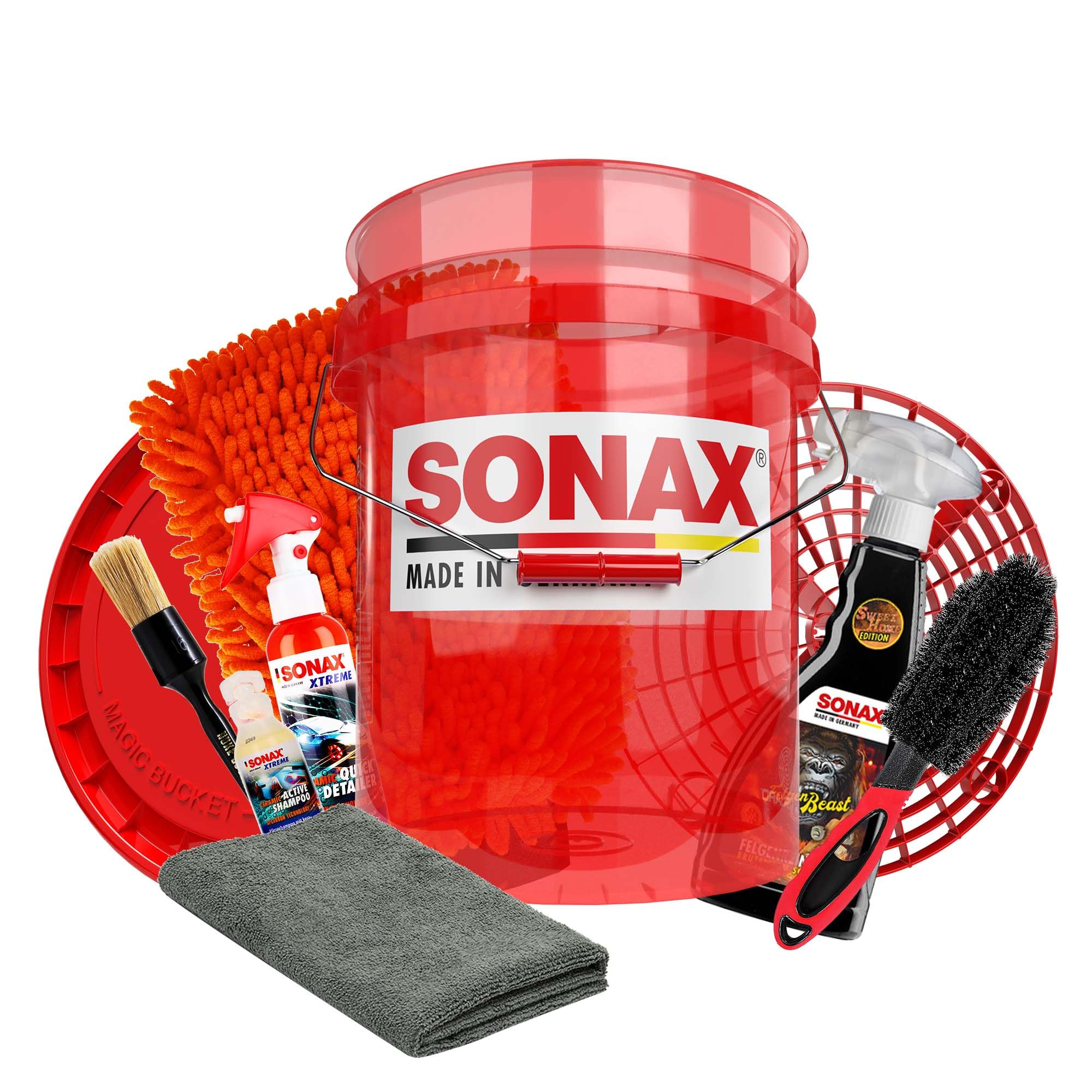 Felgenreiniger Set | Sonax Felgenbeast + Auto Wascheimer mit Sieb und Deckel + Felgenbürste + Waschhandschuh + Pinsel + Ceramic Quick Detailer + Ceramic Shampoo + Mikrofasertuch