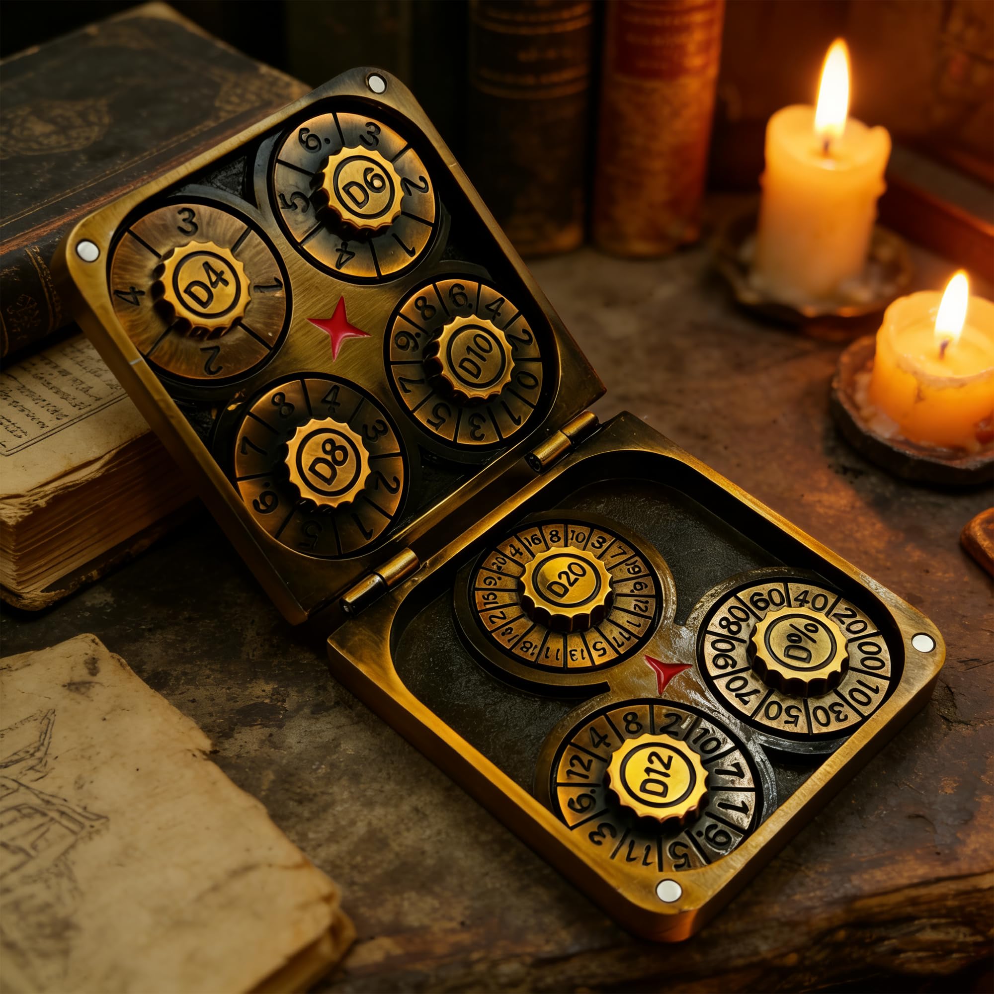 TOYVERSE Dadi in lega, colore oro antico, 7 in 1 Ruota girevole pieghevole, adatta per D&D, DND, RPG, MTG, Dungeon e Draghi, Giochi da tavolo e giochi di ruolo, 15 anni e più