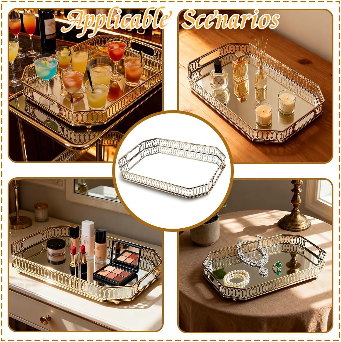 Bar Gold Mirrored Trays Mirror Decorative Tray（13.8" X 9.6" X2.2"） Vintage Mirrored Bar Tray for Perfume and Cosmetics Dressing Table Bathroom or Jewelry Display Bar Cart Drink Tray
