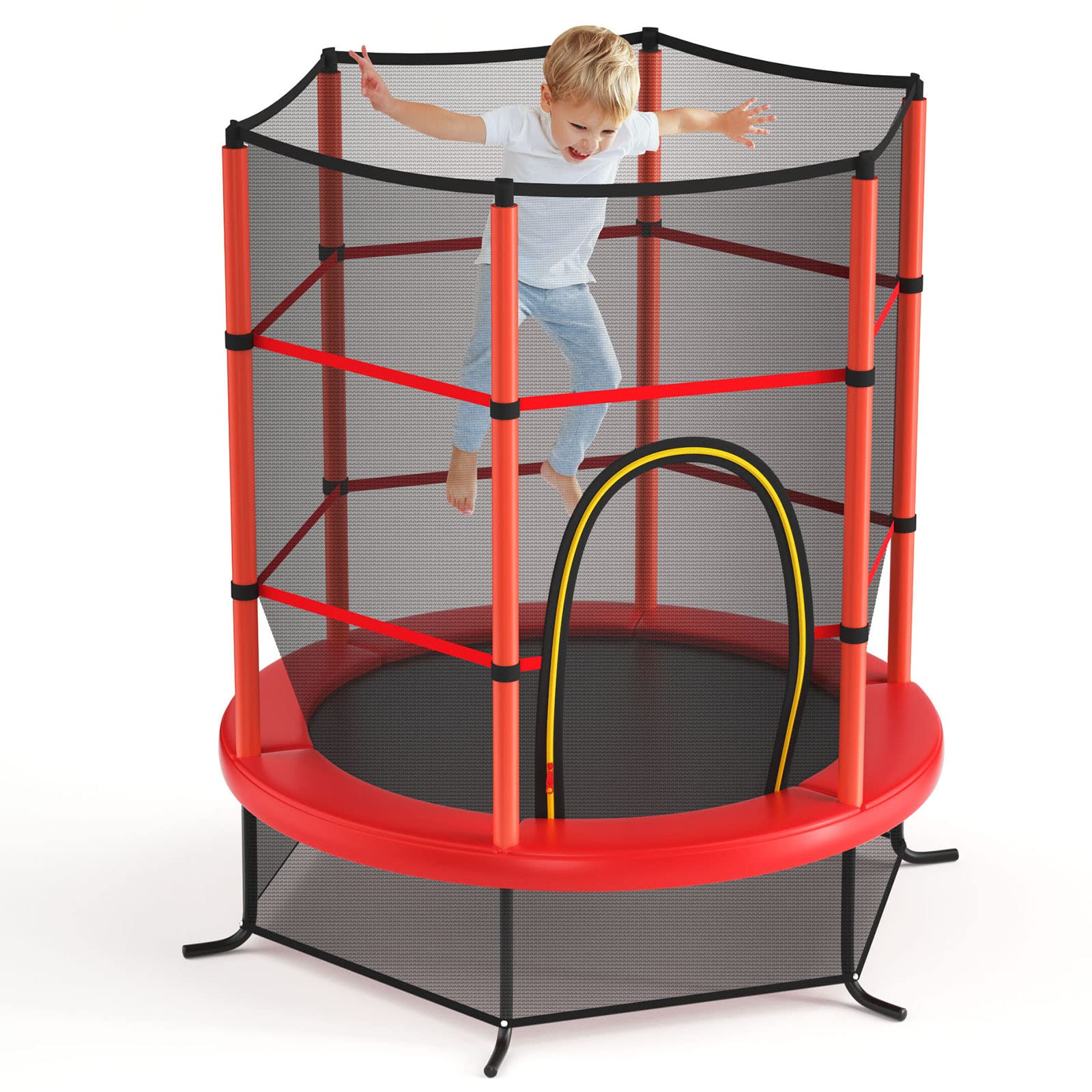 GYMAX Toddler Trampoline, 55” Trampoline for Kids with Bottom-to-Top All-Round Enclosure Net & Seamless Jumping Mat, ASTM Approved Easy Assembly Kids Mini Trampolines Indoor/Outdoor (Shine Red)