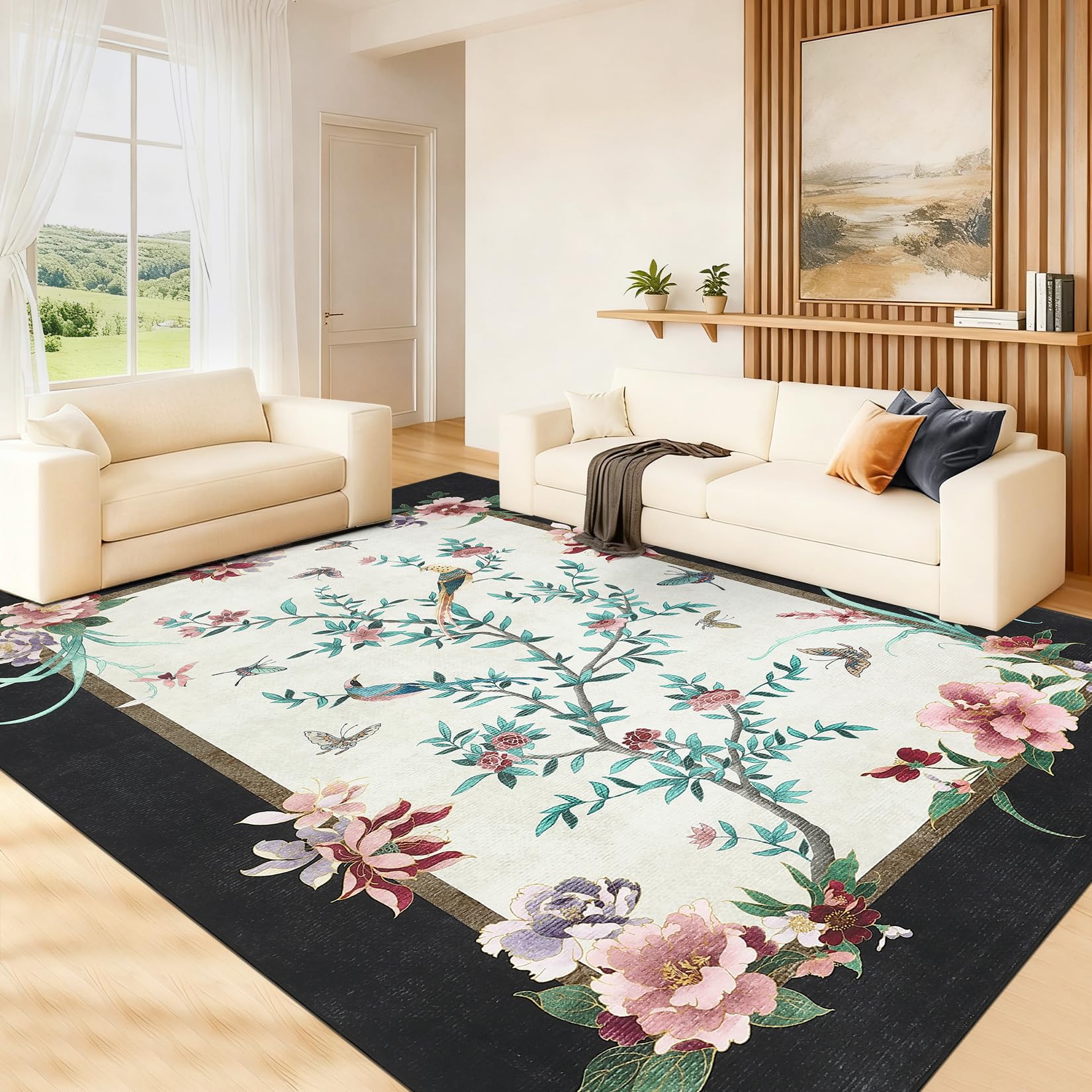 GarveeHome 8x10 Area Rugs Chinoiserie-Style Washable Rugs 8x10 Oriental Colorful Butterfly Birds Floral Rug Non Slip Low Pile for Kids Living Room Bedroom Nursery Dining, Black