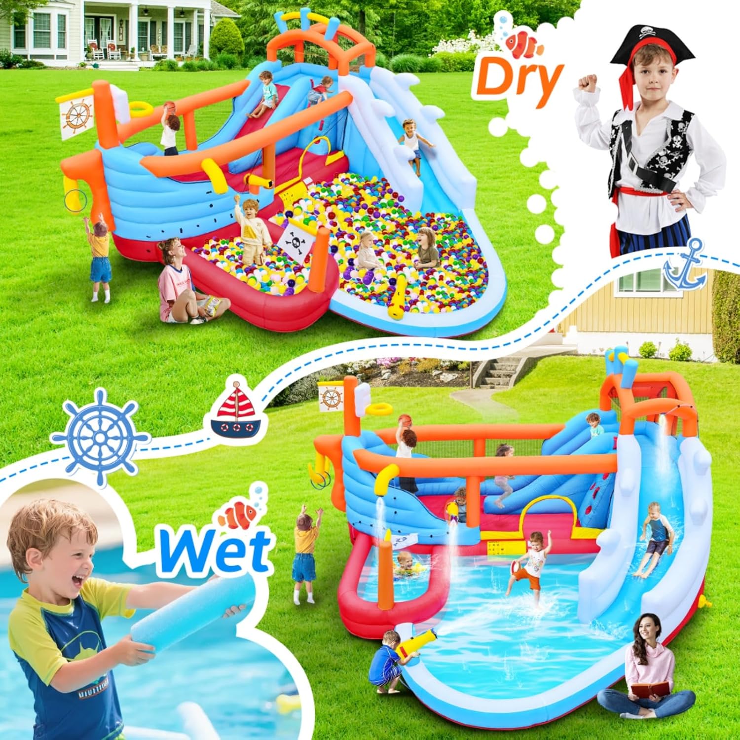 9-in-1 Inflatable Slide Water Park for Kids, Multicolor Oxford Fabric Bounce House with Dual Slides, Climbing Wall, Water Guns, Basketball Hoop, Ring Toss & Shallow Pool, Indoor Outdoor Play Center