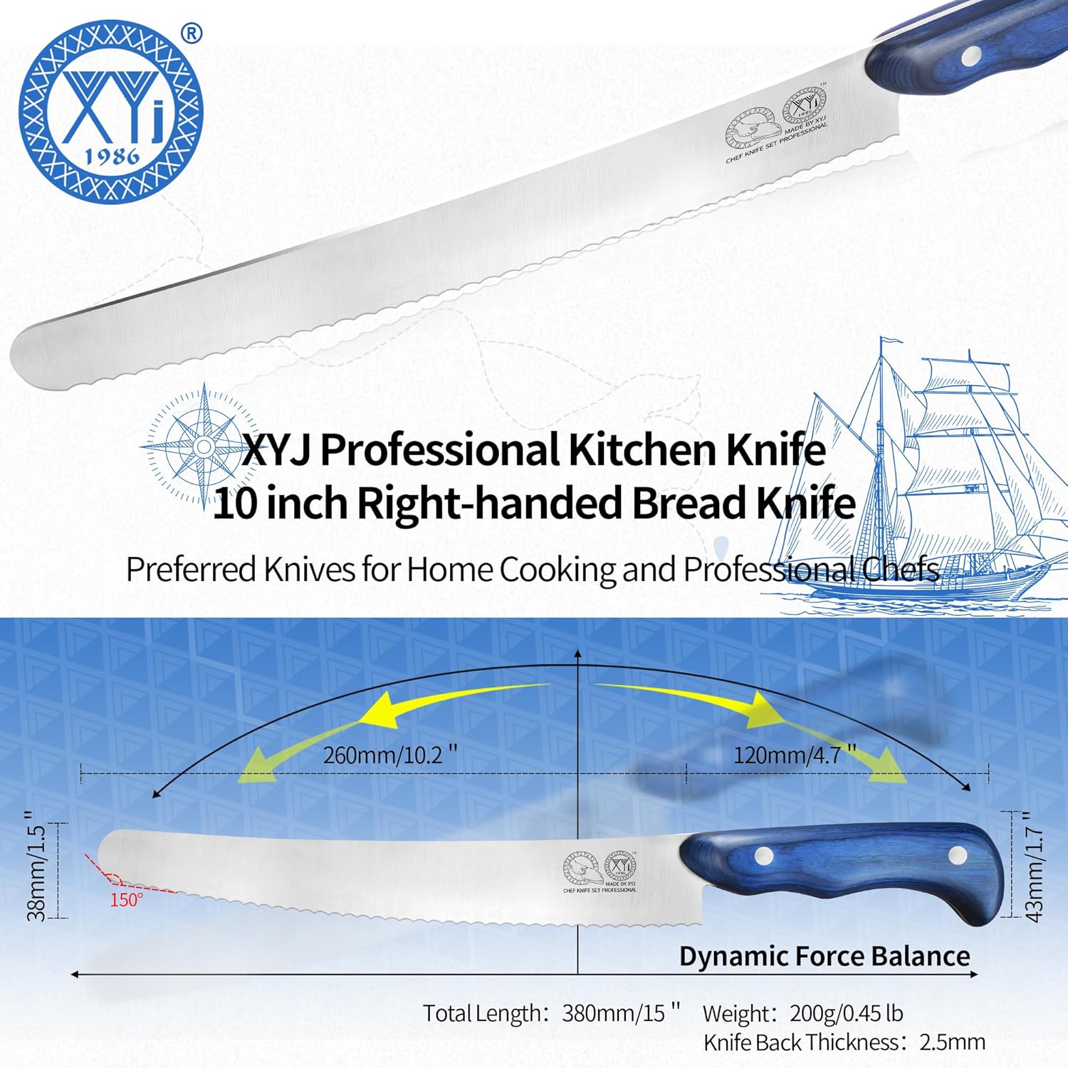 XYJ Authentic Since 1986, Bread Knife 10 inch, Stainless Steel Serrated Blade Cake Knife, Professional Slicing Bread Cutting Knives with Wood Handle for Right Hand Use, Kitchen Serrated Knife