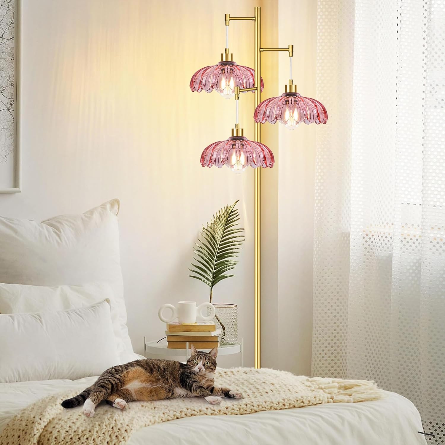 Pink Floor Lamp for Living Room,Bedroom,Gold Mid Century Modern Standing Lamp Brass Tree 3 Light Tall Floor Lamps Glass Floor Lights Flower Lamp Shade Girls Kids Boho Bohemian