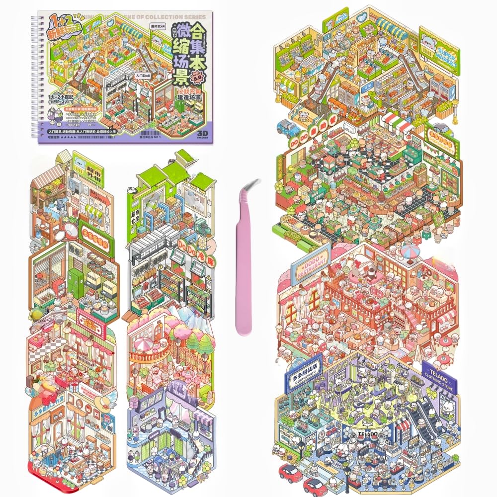 12 Sets 3D DIY Stickers Scene,3D Mini House Stickers Book Set for Adults with Tweezers Make Your Own Room Selling Series Sticker Scene Therapy for Adults Relief Stress Pass The Time Gift（4+8）