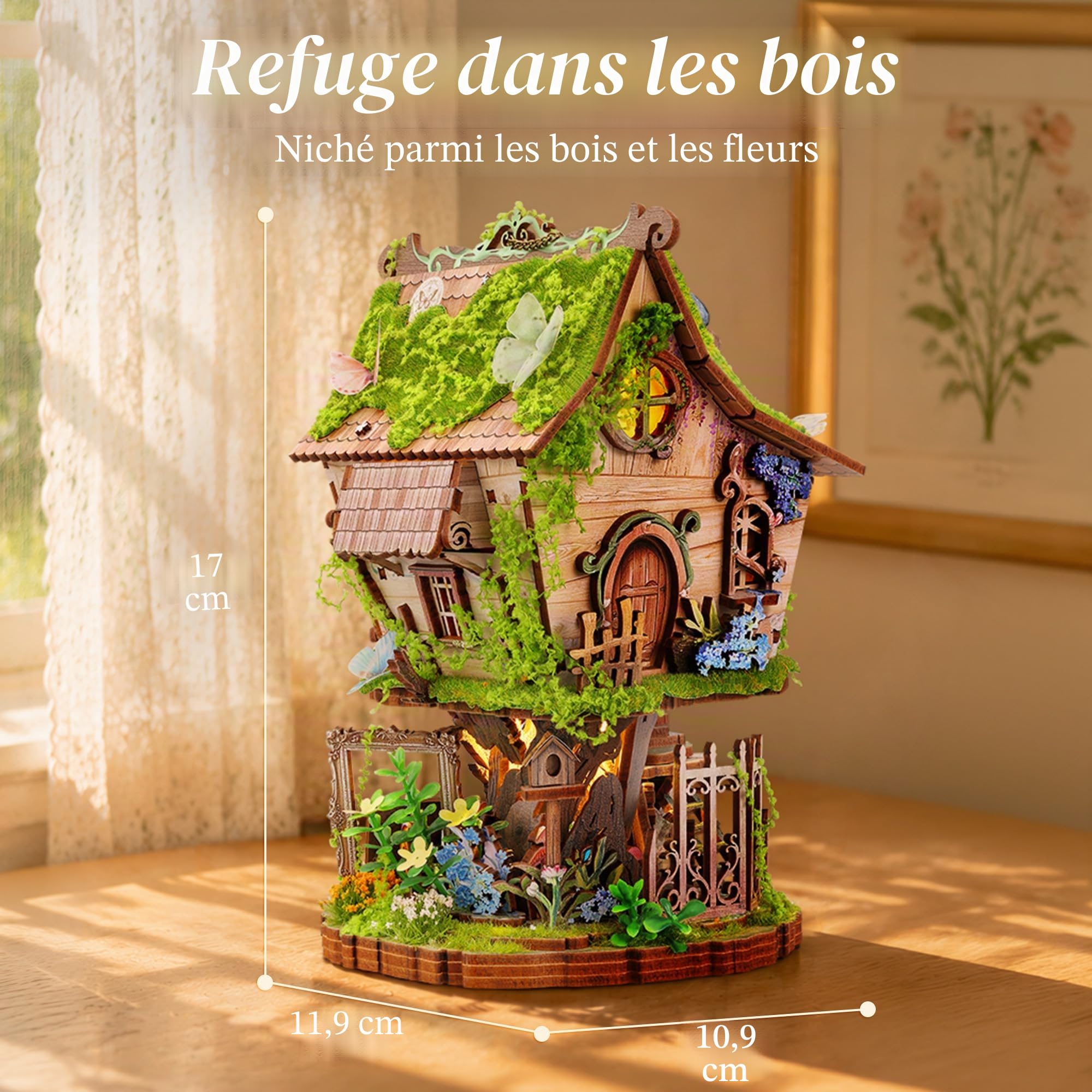FUNPOLA LED 3D Puzzle Rowan’s Treehouse Kit, Puzzle Miniature Maison de Fée DIY avec Lumière, Décoration de Bibliothèque en Bois Cadeau pour Adultes et Adolescents (A+)
