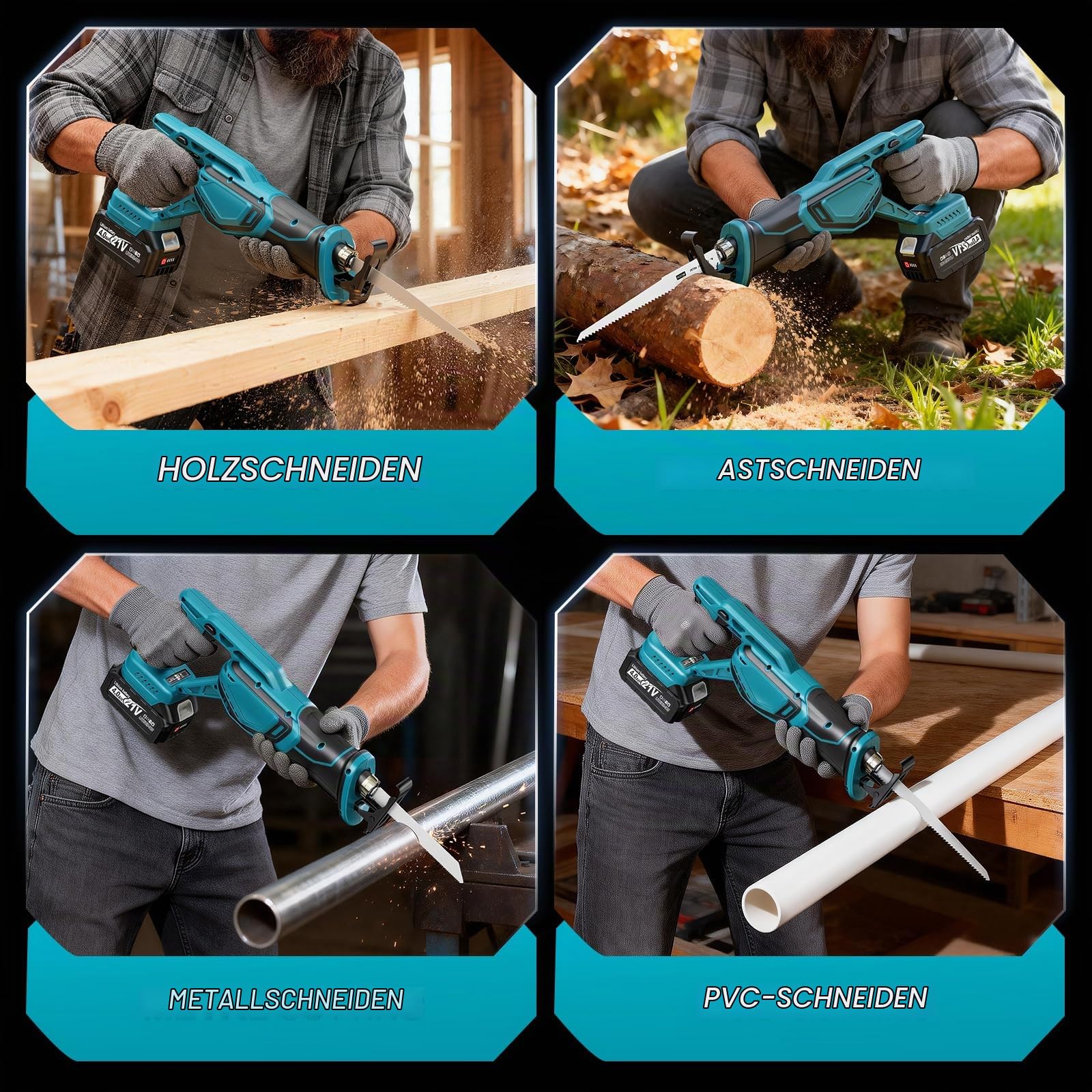 Säbelsäge Akku 21V, 3500 SPM Bürstenlosem Motor, Akku Säbelsäge mit 2x 4.0Ah Akku und Ladegerät & 8 Sägeblätter zum Schneiden von PVC, Holz, Metall