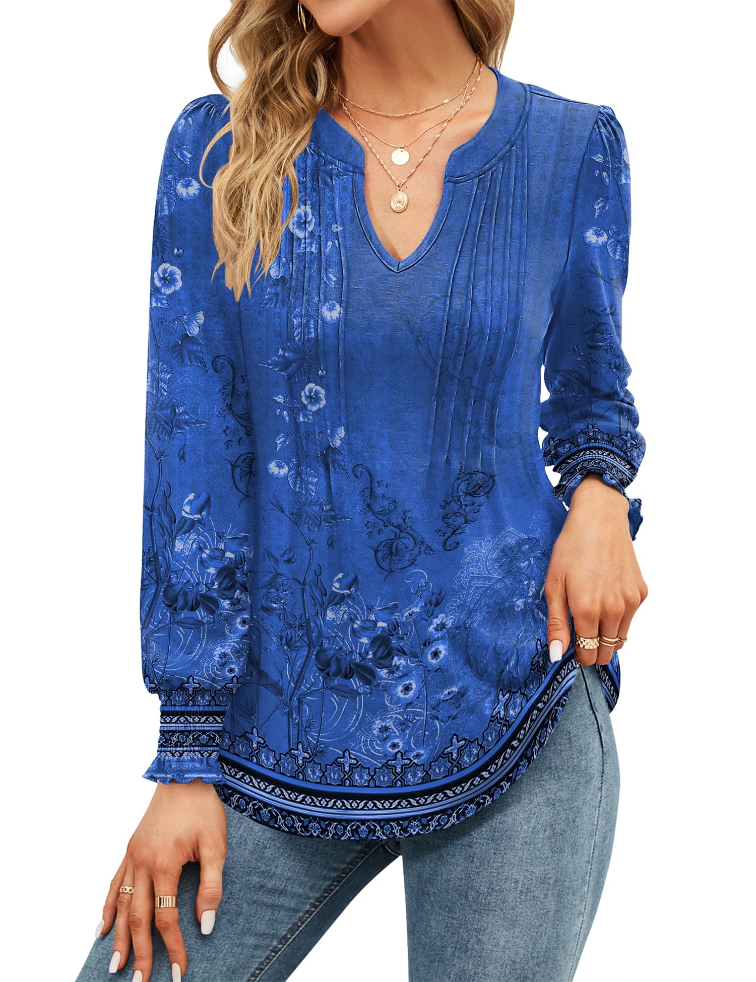Womens V Neck Tops Puff Short Sleeve T-Shirt Pleated Floral Printed Tunic Blouse Shirts — view 25