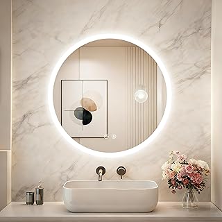 Comprar LUVODI Espejo Baño Redondo con Luz LED, 60 x 60 cm Espejos de Baño, Espejo Pared con 2 Interruptor Táctil, Función Antivaho, Luz Regulable de 3 Colores, Función de Memoria, Impermeable IP66