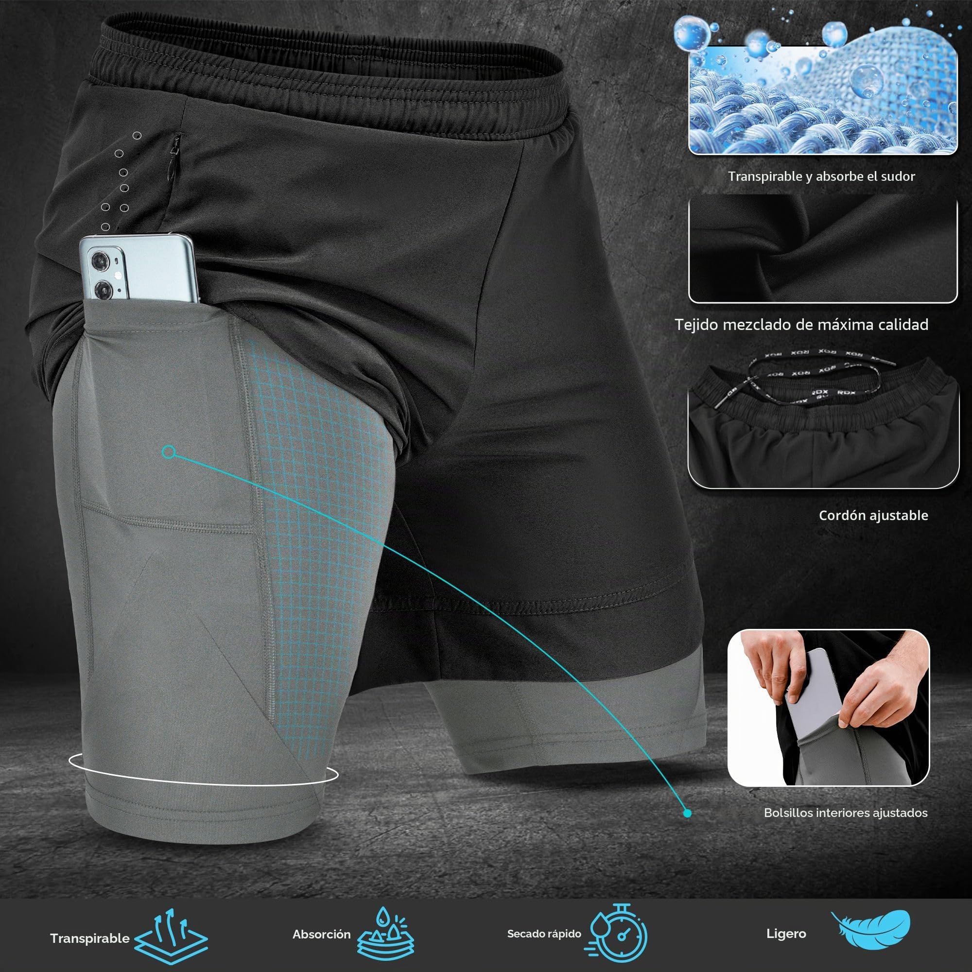 RDX Pantalones Cortos para Correr Hombre, Corto Deporte Compresión Transpirable con 2 Cremallera y 2 Bolsillos para Teléfono, De Secado Rápido Gym Verano Shorts para Entrenamiento, Trotar, Ciclismo