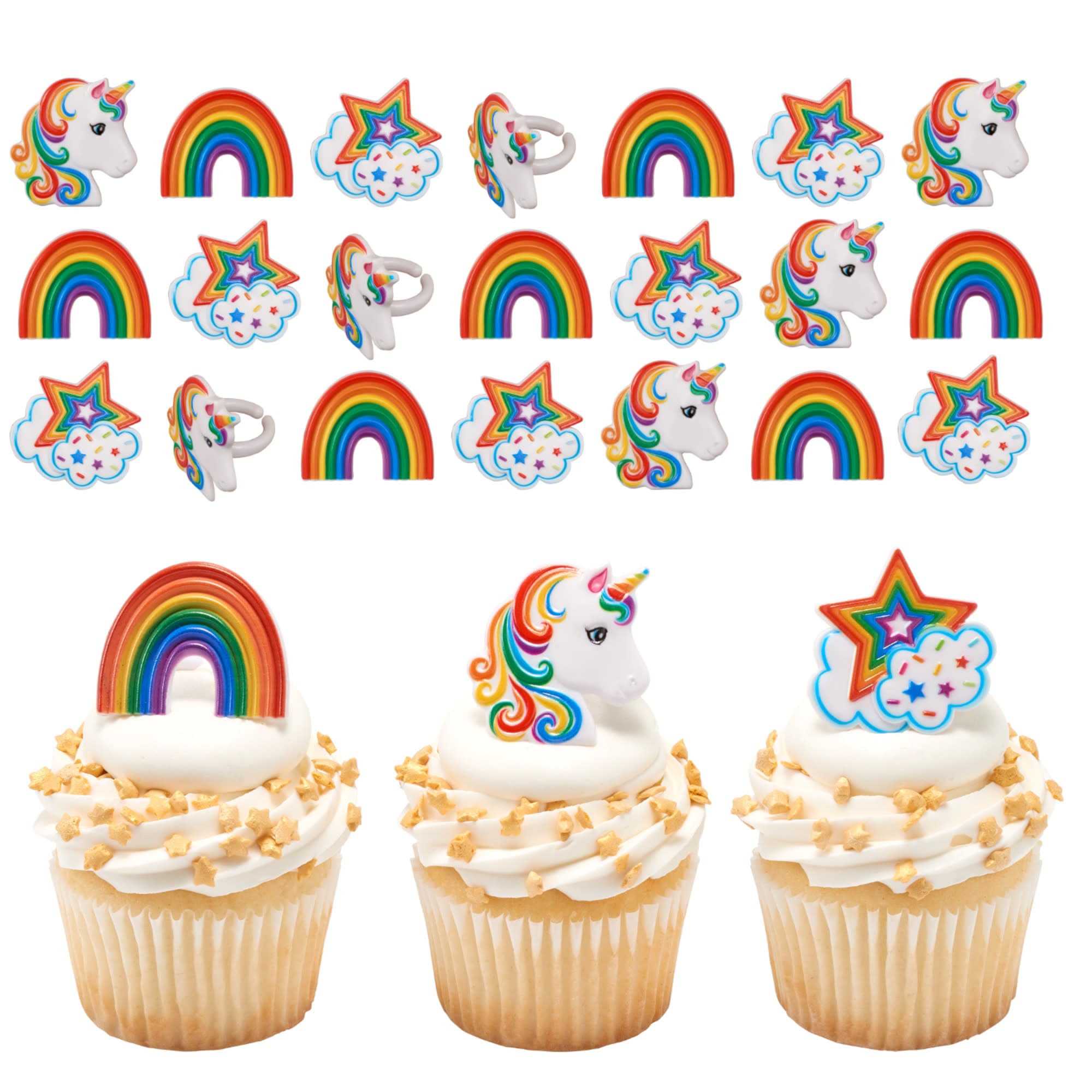 Culpitt Multi-Colored Rainbow Unicorn Rings, Cupcake Decorations, Magical Food Safe Cake Toppers, Multi-Coloured – 24 Pack