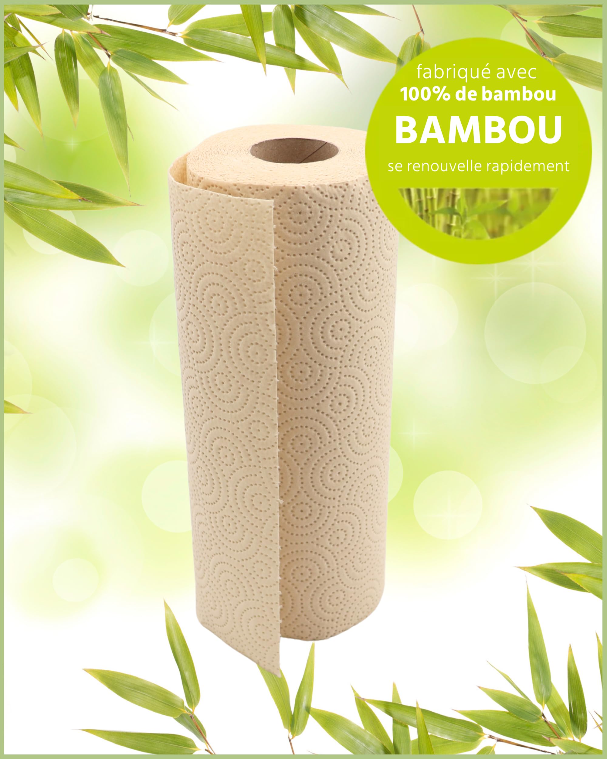 œcolife Lot de 48 Rouleaux d'Essuie-Tout en Bambou - 45 Feuilles par Rouleau - 3 Couches - Cellulose Écologique Non Blanchi aux Propriétés Antibactériennes