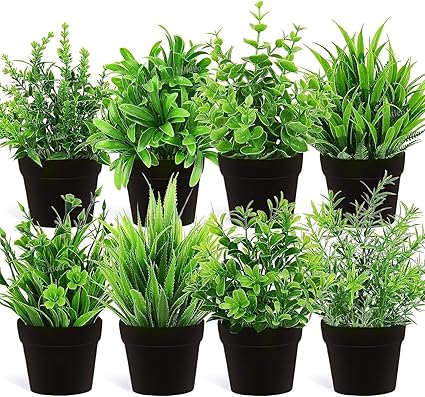Litleo Artificial Eucalyptus Plants Small Houseplants Greenery in Black Round Pot, Small Faux Plants Decor for Home Bathroom Office Farmhouse Desk Shelf (Pack of 8)