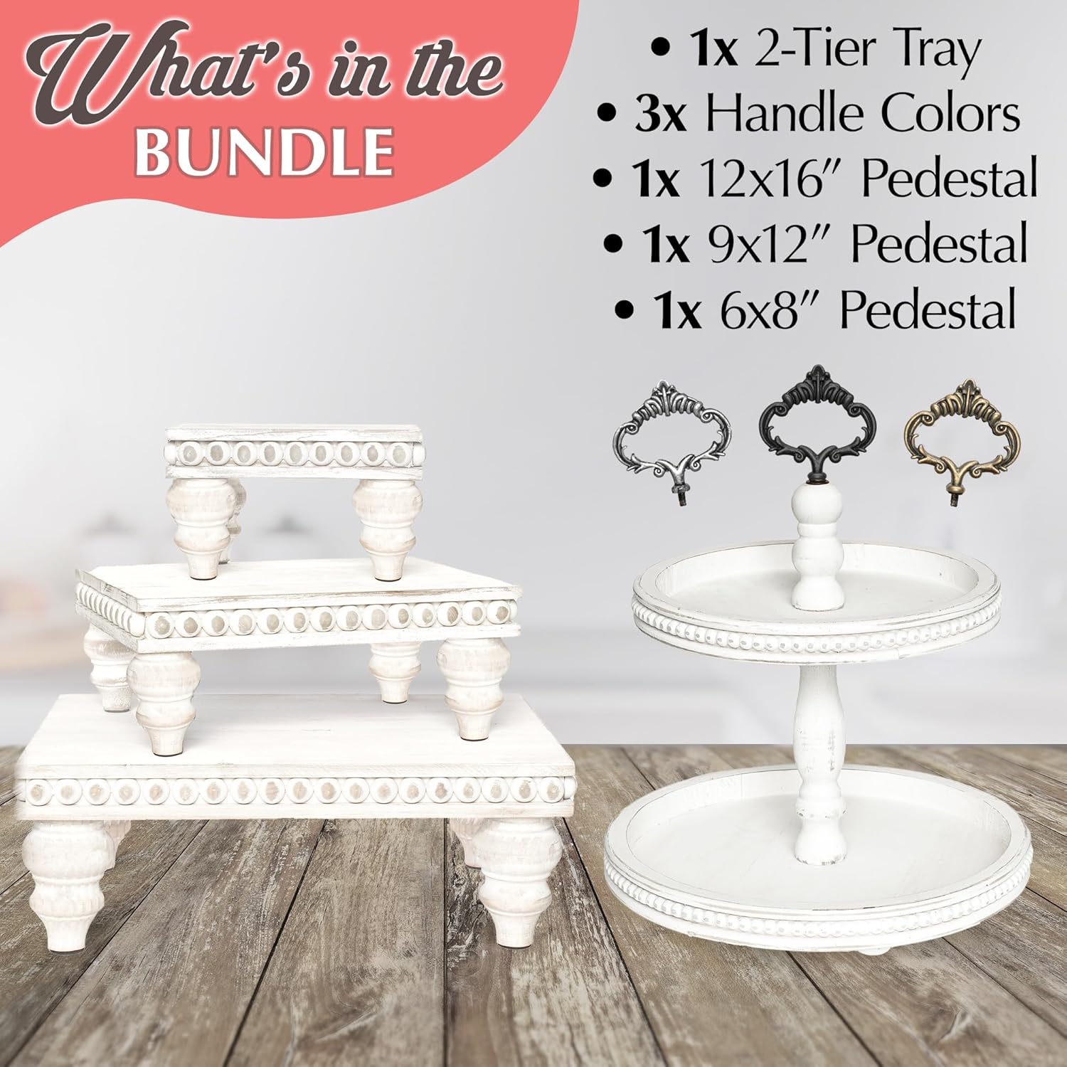 Tiered Tray + Risers Bundle - 2 Tiered Wooden Serving Stand + Set of 3 Beaded Wood Display Risers | Farmhouse Kitchen & Coffee Bar Decorative Trays | Includes 3 Custom Handles (White)