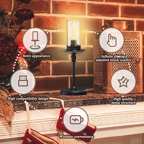 Miniatura 2 de Lámpara de mesa LED retro inalámbrica con pilas, control táctil, acabado metálico, adecuada para dormitorio, comedor, boda, Acción de Gracias,