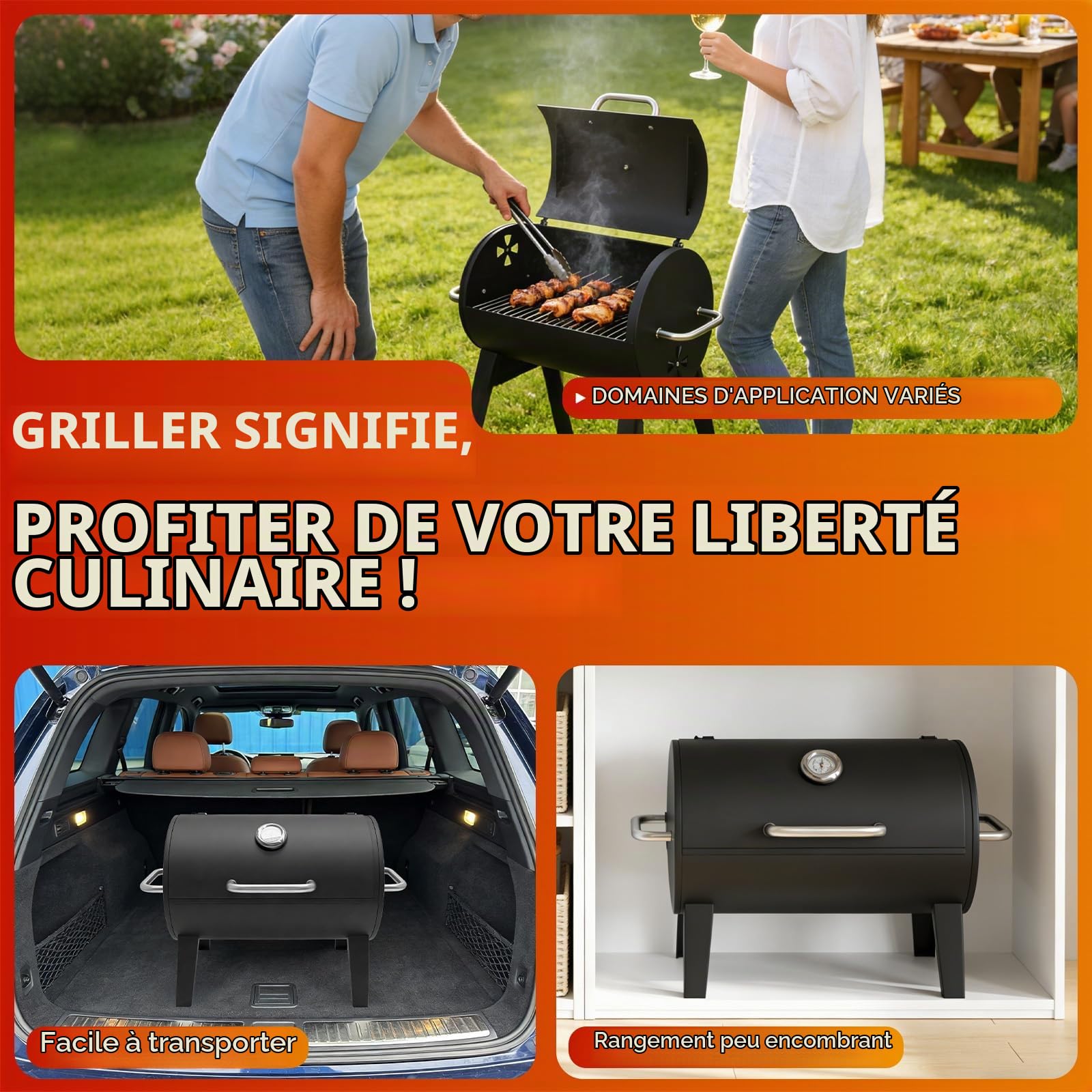 Barbecue de table avec couvercle, surface 32x43 cm | Thermomètre intégré, Pour le fumetage, Grillage en 2 parties