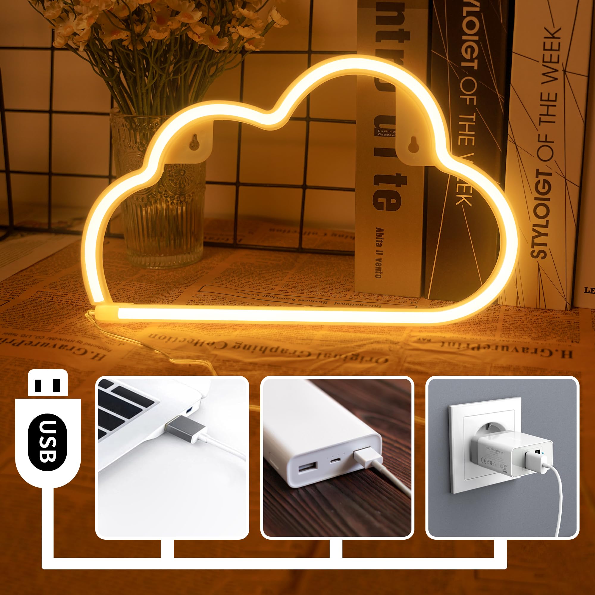 BringLuck2U Insegna al neon a LED, per decorazione da parete, per camera dei bambini, festa di compleanno, matrimonio, decorazione natalizia (bianco caldo)