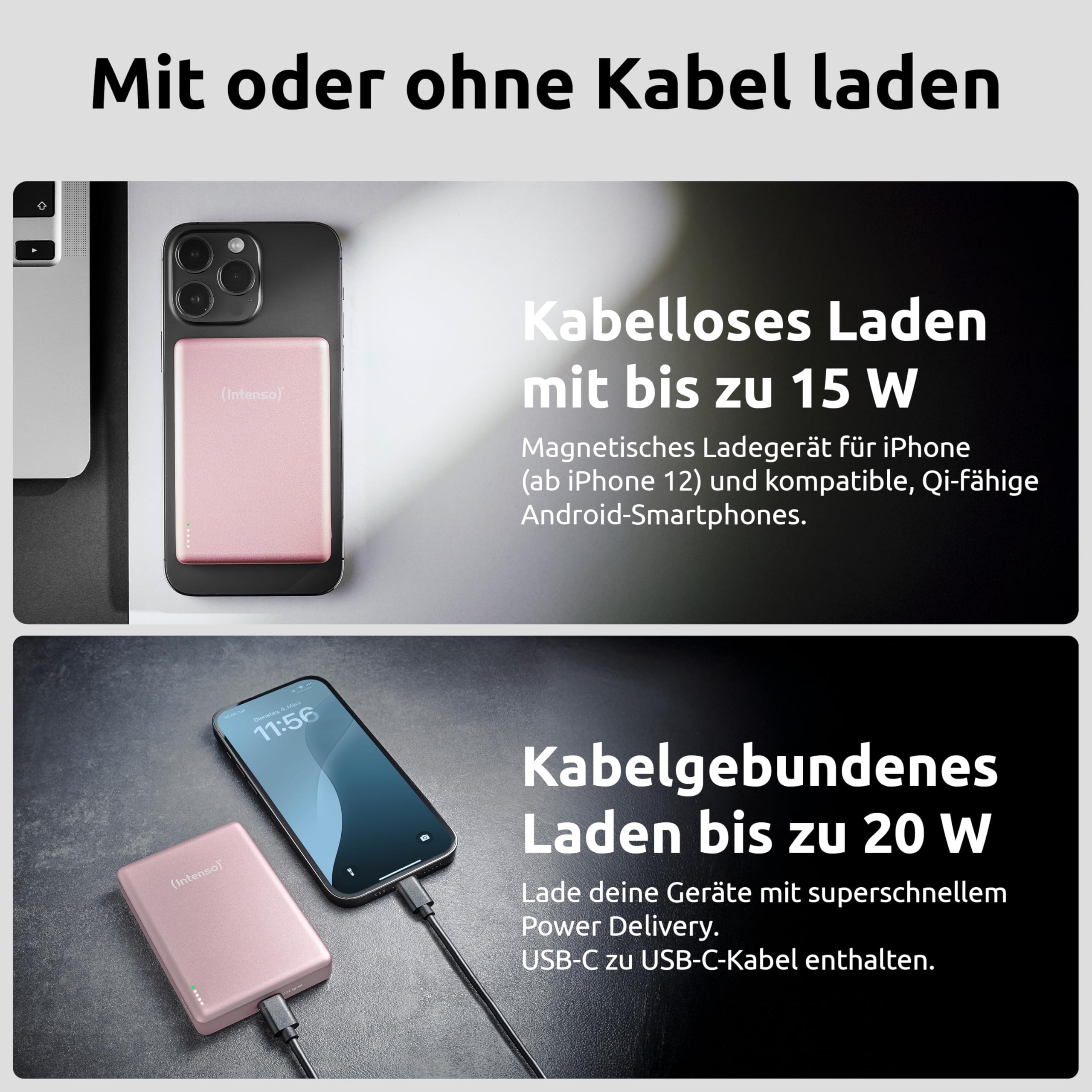 Intenso MW10000 magnetyczny powerbank 10 000 mAh – kompatybilny z MagSafe, bezprzewodowe ładowanie 15 W, USB-C PD 20 W, do iPhone i Android – sprawdzony w Niemczech – różowy
