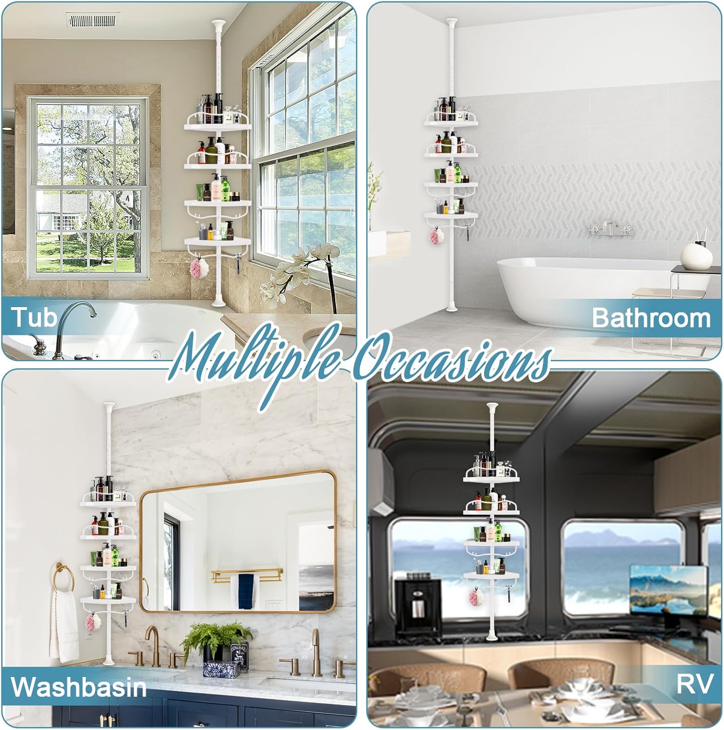 Corner Shower Caddy Tension Pole, Rustproof Bathtub Storage Organizer with 4 Adjustable Shelves, Bathroom Shower Rack Shampoo Holders for Inside Shower, 40"-120" Floor to Ceiling Shower Caddy White