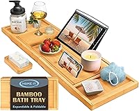HOMEIT Foldable Bamboo Bathtub Tray Caddy - Premium Waterproof Expandable Tub Rack for Wine, Book, Phone, Soap - Fits Most Tubs