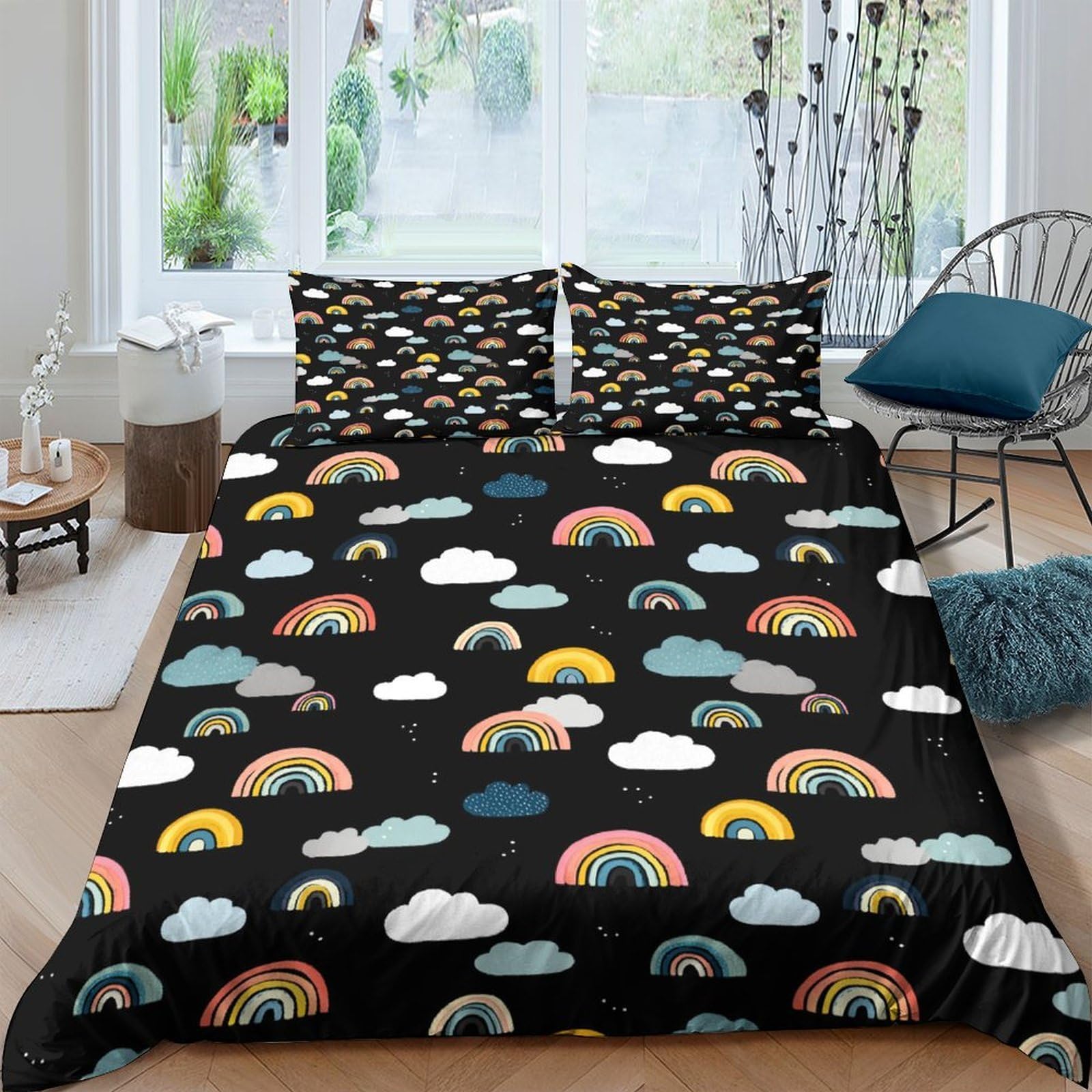 Ctjqhvkz Style-6 3D Printed Rainbow Clouds Fitted Sheet Microfiber Soft Black Bed Sheet For Bedroom Guest Room Dorm Mattress Decor Single（135X200cm）