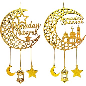 Ramadan Mubarak Hanging Decorations Wooden Eid Kareem Hanging Signs for House Room Door Wall Decor Novelty Hollow Star Moon Lanterns Castles Ornament for Islamic Muslim Al-Fitr Pack of 2