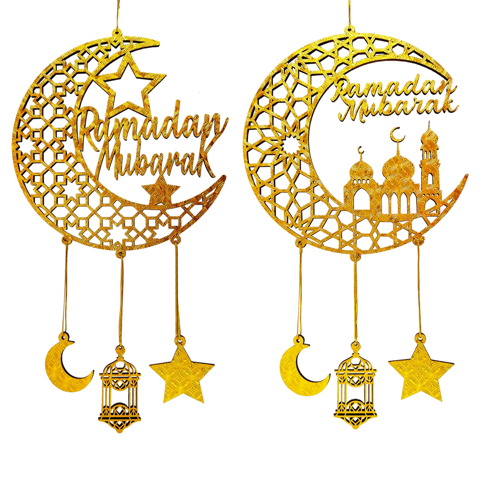 Sponsored Ad – 2PCS Ramadan Mubarak Hanging Decorations, Wooden Eid Kareem Hanging Sign for Home Room Door Wall Decor, Novelty Hollow Star Moon Lanterns Castles Ornament for Islamic Muslim Al-Fitr Party Supplies