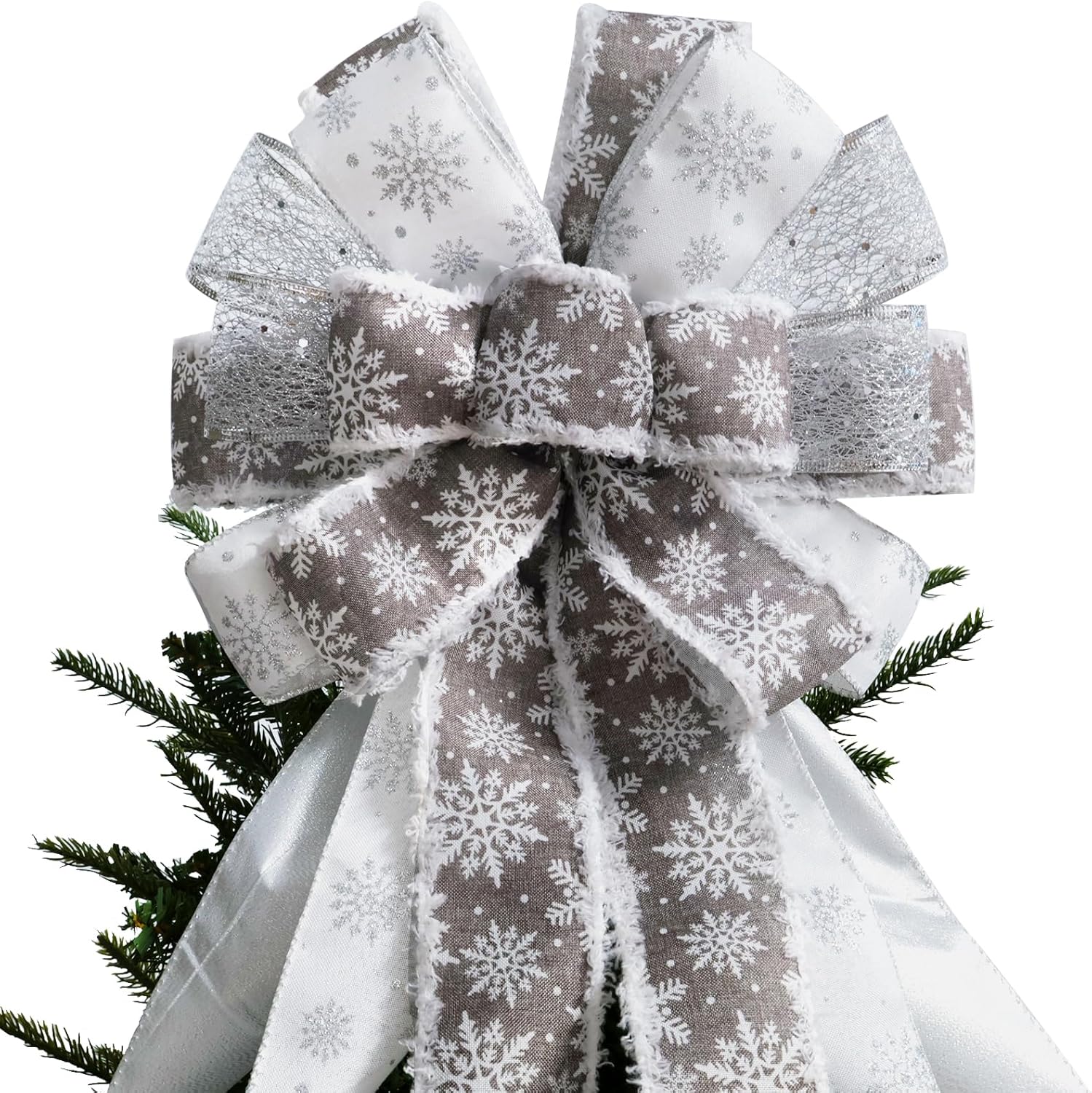 Large Christmas Tree Topper Bow 52x13 Inch, Pre-Tied Wired Ribbon Wreath Bows, Xmas Ornaments with Long Wired Edge Streamer for Holiday Thanksgiving Indoor Outdoor Party Decoration (Silver)