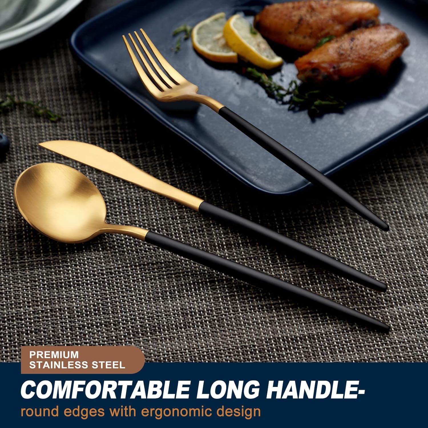 EUIRIO 24 Pieces Matte Black&Gold Silverware Set with Steak Knives, Stainless Steel Flatware Set for 4, Cutlery Utensil Sets, Spoons and Forks Set, Dishwasher Safe