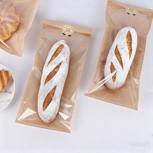 Vista 10 de Bolsas de pan francés, 50 bolsas de panadería con ventana, bolsas de papel kraft para almacenamiento de pan, bolsas de pan grandes para pan casero