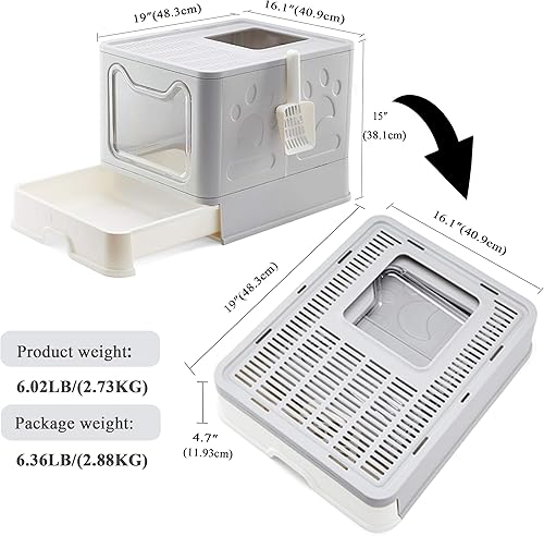 Miniatura 3 de Vealind Caja de arena plegable para gatos con tapa, entrada frontal y salida superior, XXL, extra grande, cubierta de espacio, cajas de arena para