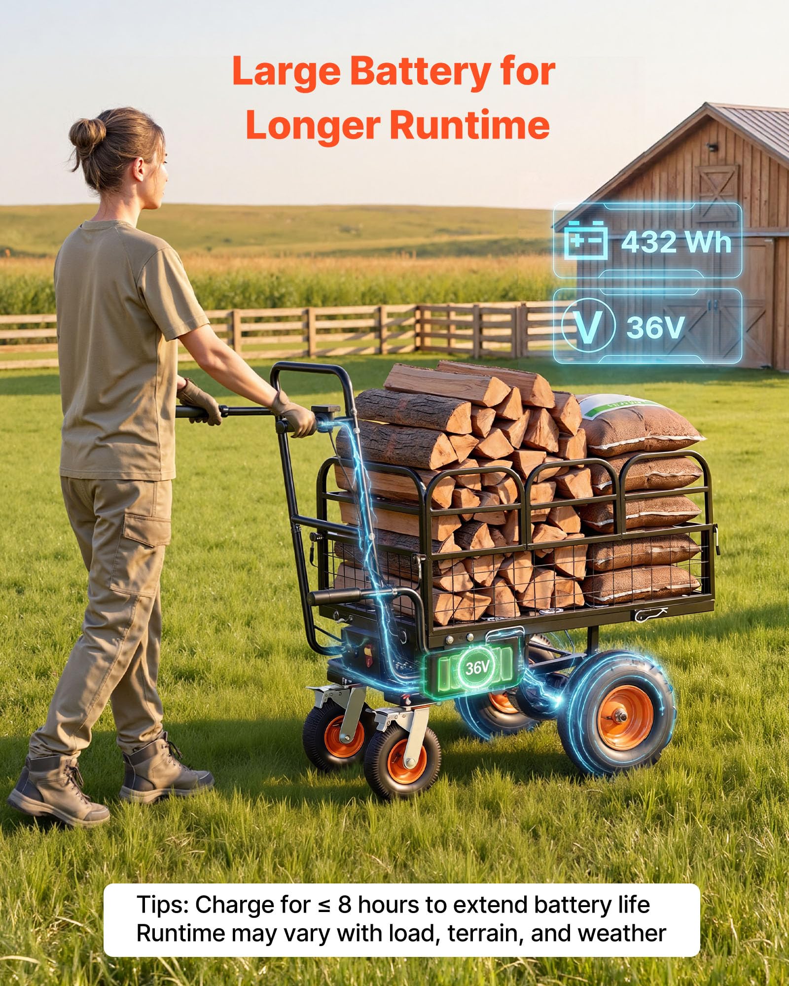 VEVOR Elektro Gartenwagen, 36V 432Wh Akku-Betriebener Elektrowagen, 500W Schubkarre mit 90°-Kippfunktion & Bremse, 300 kg Tragkraft, Robuster Stahl-Gartenwagen für Landwirtschaft & Hof