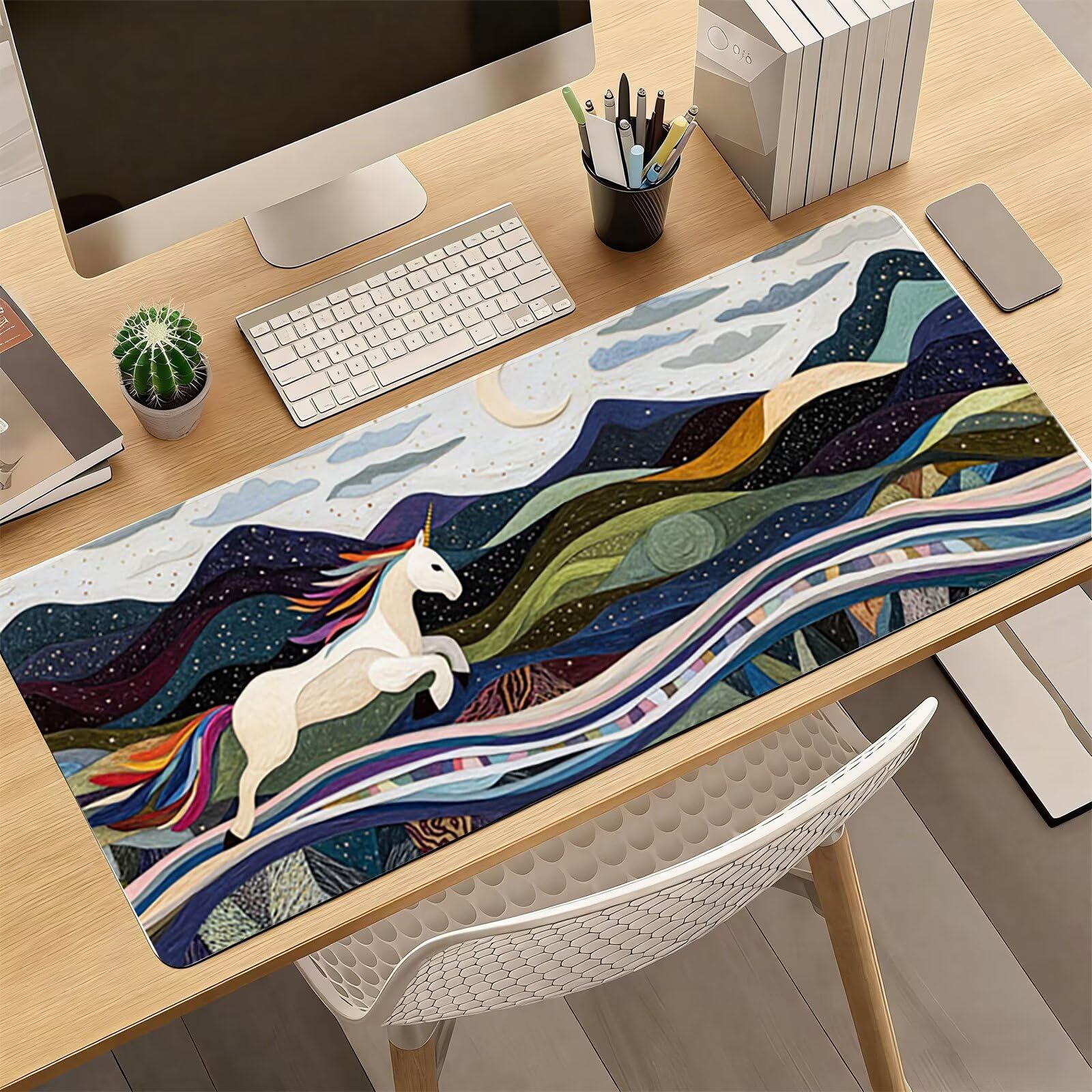 Tappetino Mouse XXL, 70x140cmx3mm Mouse Pad Impermeabile Grand, Gaming Tappetino Per Mouse, Base Antiscivolo in Gomma, Accessori Scrivania, Ufficio Accessori, Strada Cavallo Bianco JX6B-124