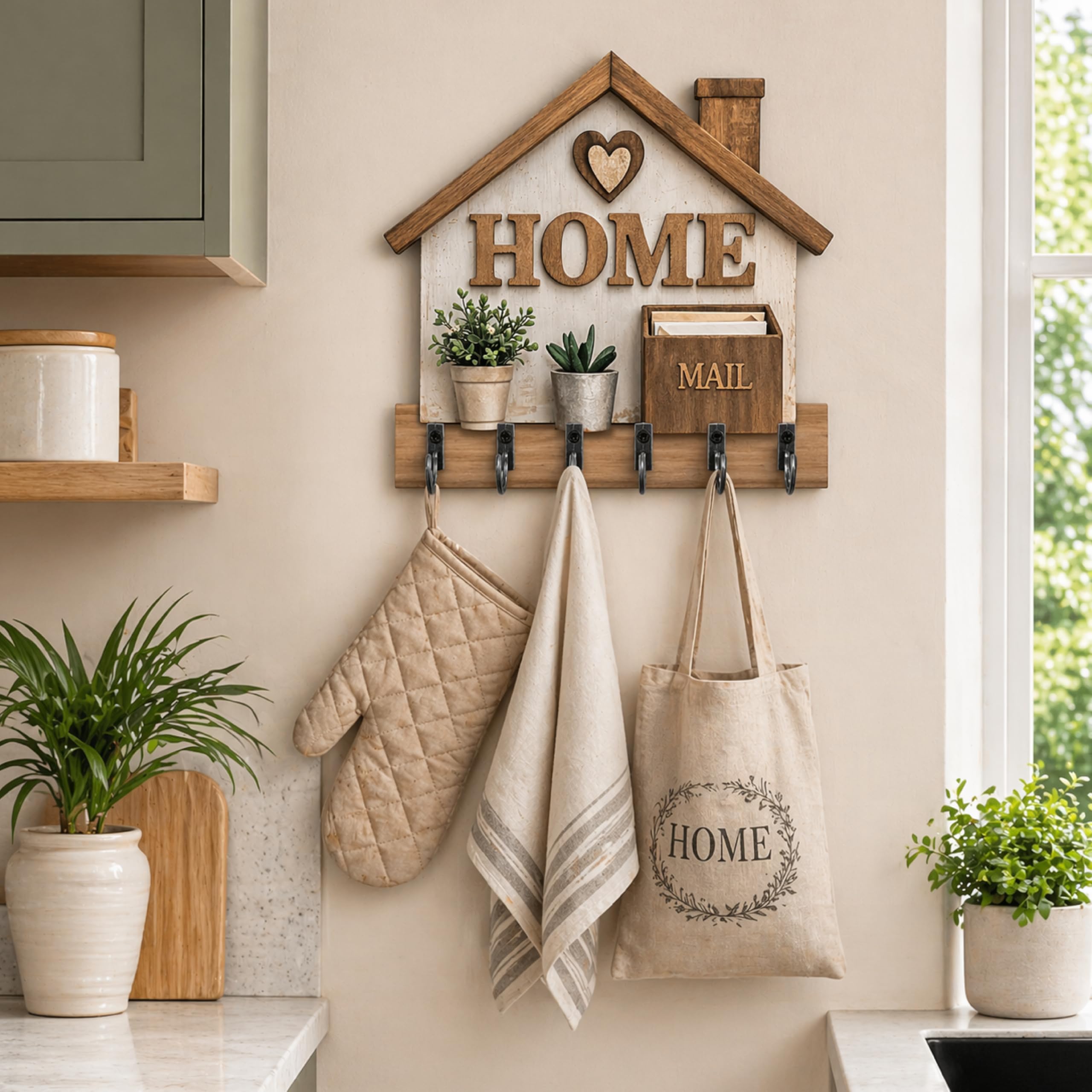 DEKORI Appendichiavi da Parete HOME in Legno – Portachiavi da Muro 6 Ganci Metallo – Decorazione Ingresso Casa Stile Country Moderno – Organizer Chiavi Parete – Made in Italy