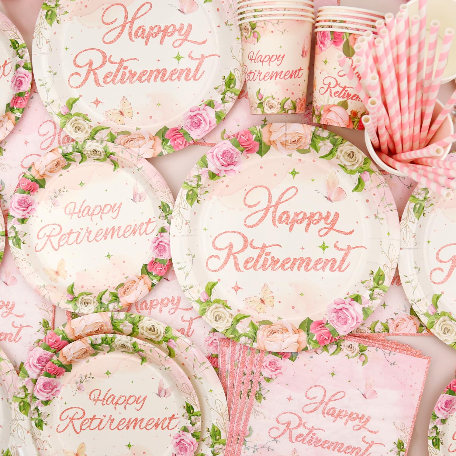 Set di decorazioni floreali per festa di pensionamento – Accessori per feste di pensionamento rosa, inclusi piatti, bicchieri, tovaglioli, tovaglia, cannucce – per 20 persone
