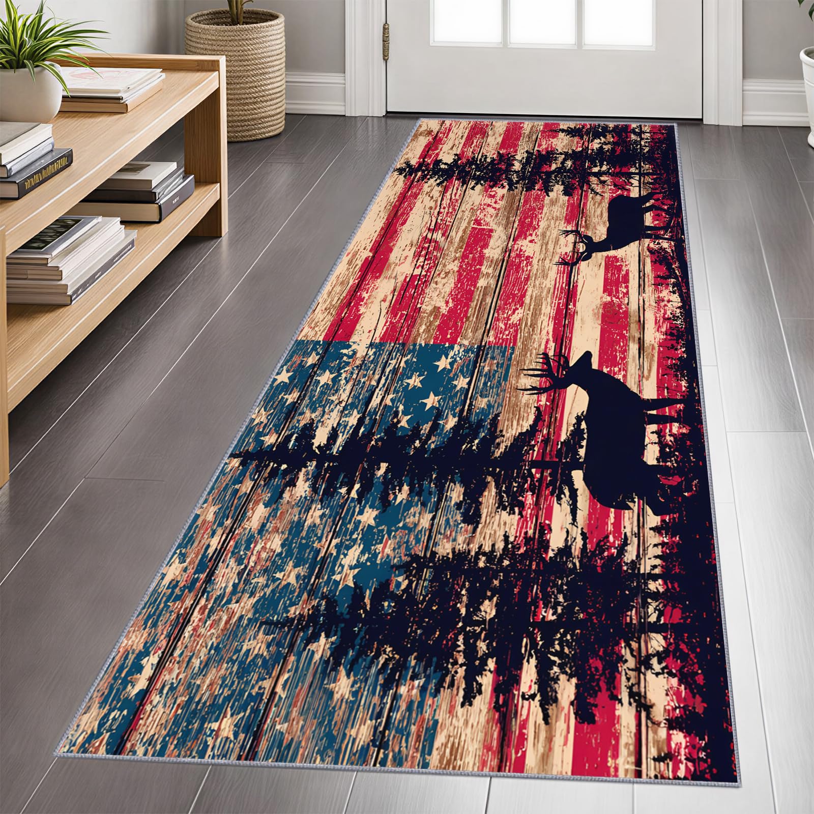 Hirsch Teppich Läufer 100x300cm, Vintage-Flagge Teppichläufer, Country Retro Elch Teppichläufer, Weicher Kurzflor Teppich für Wohnzimmer, Flur, Eingang, Esszimmer