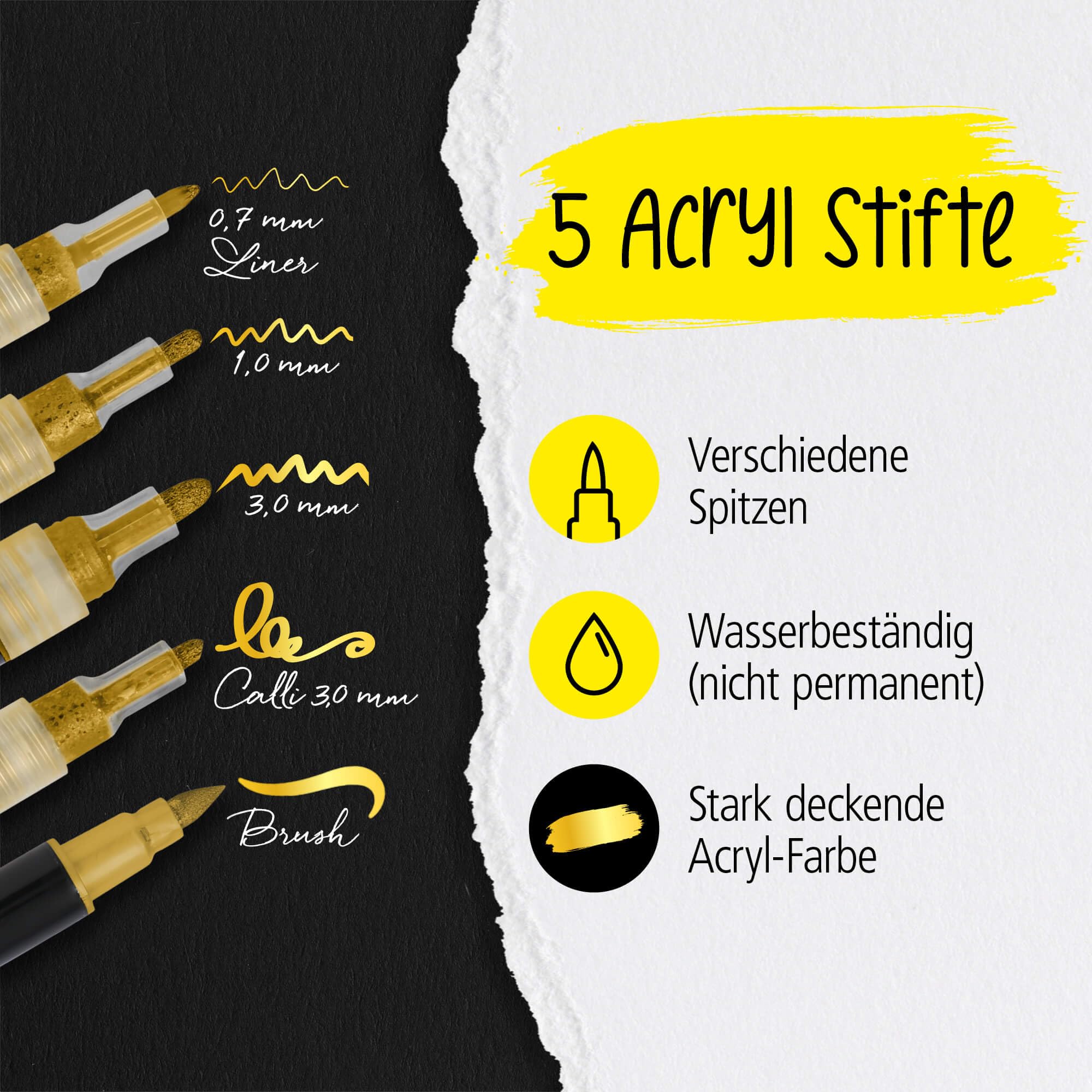 Online Set of 5 Acrylic Pens Gold I Strong Opaque Hand Lettering Set including Brush Pen, Fineliner - Image 2