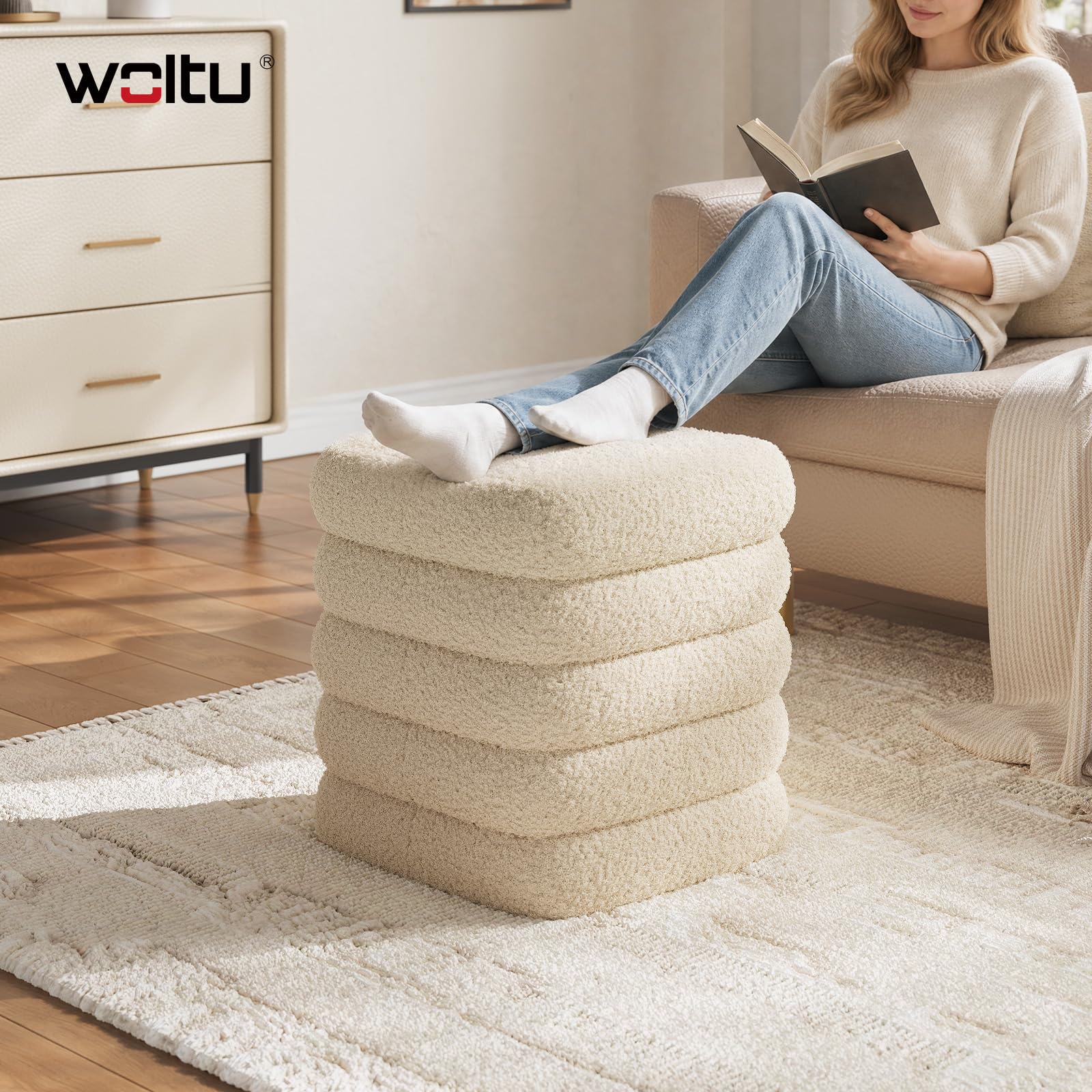 WOLTU Tabouret de Rangement Pliant, Pouf Coffre, en Polaire Teddy