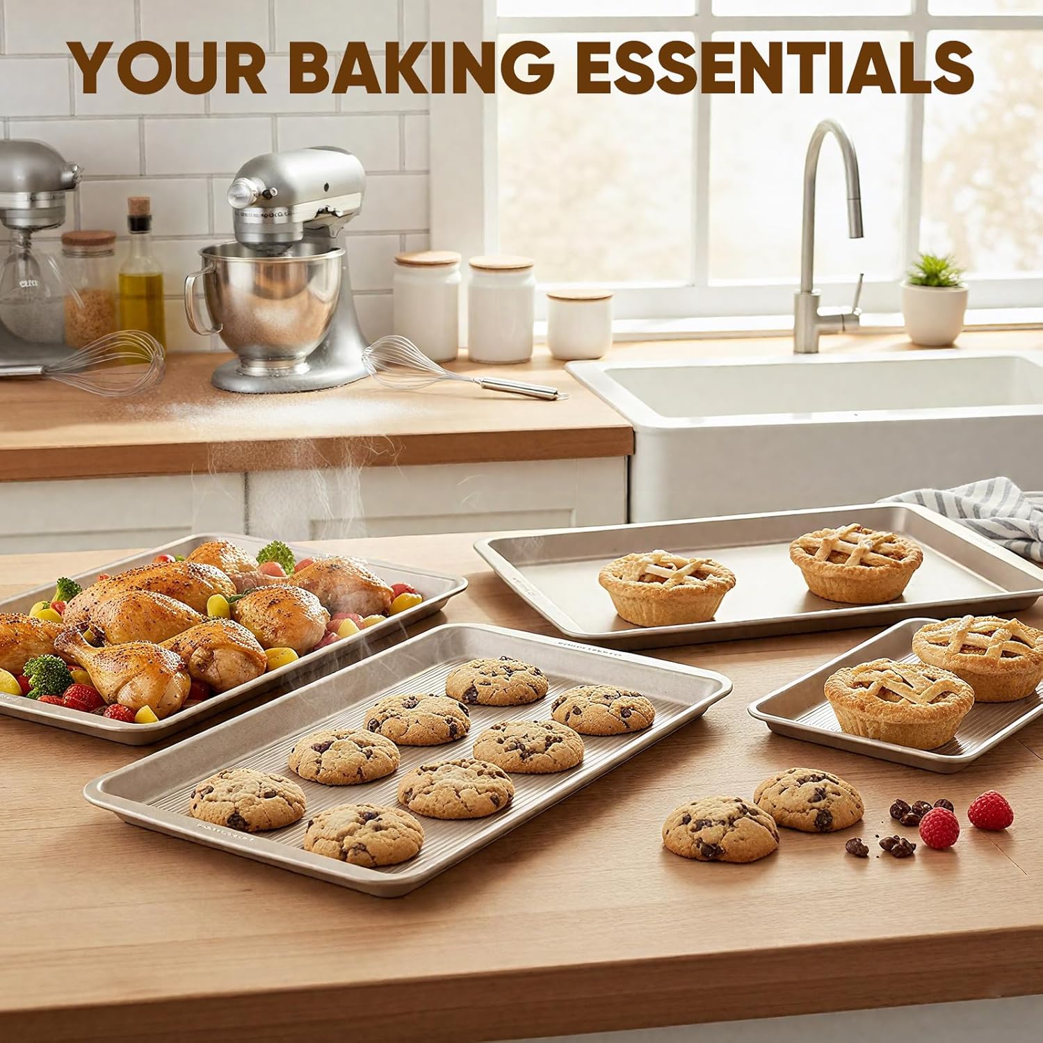 Nonstick Baking Sheet Pan Set of 3, Heavy Duty Cookie Sheets for Oven with Stripe Texture Pattern, 0.6mm Thick Quarter/Half/Jelly Roll Pans, Rust-Resistant & Easy Clean (Champagne Gold)