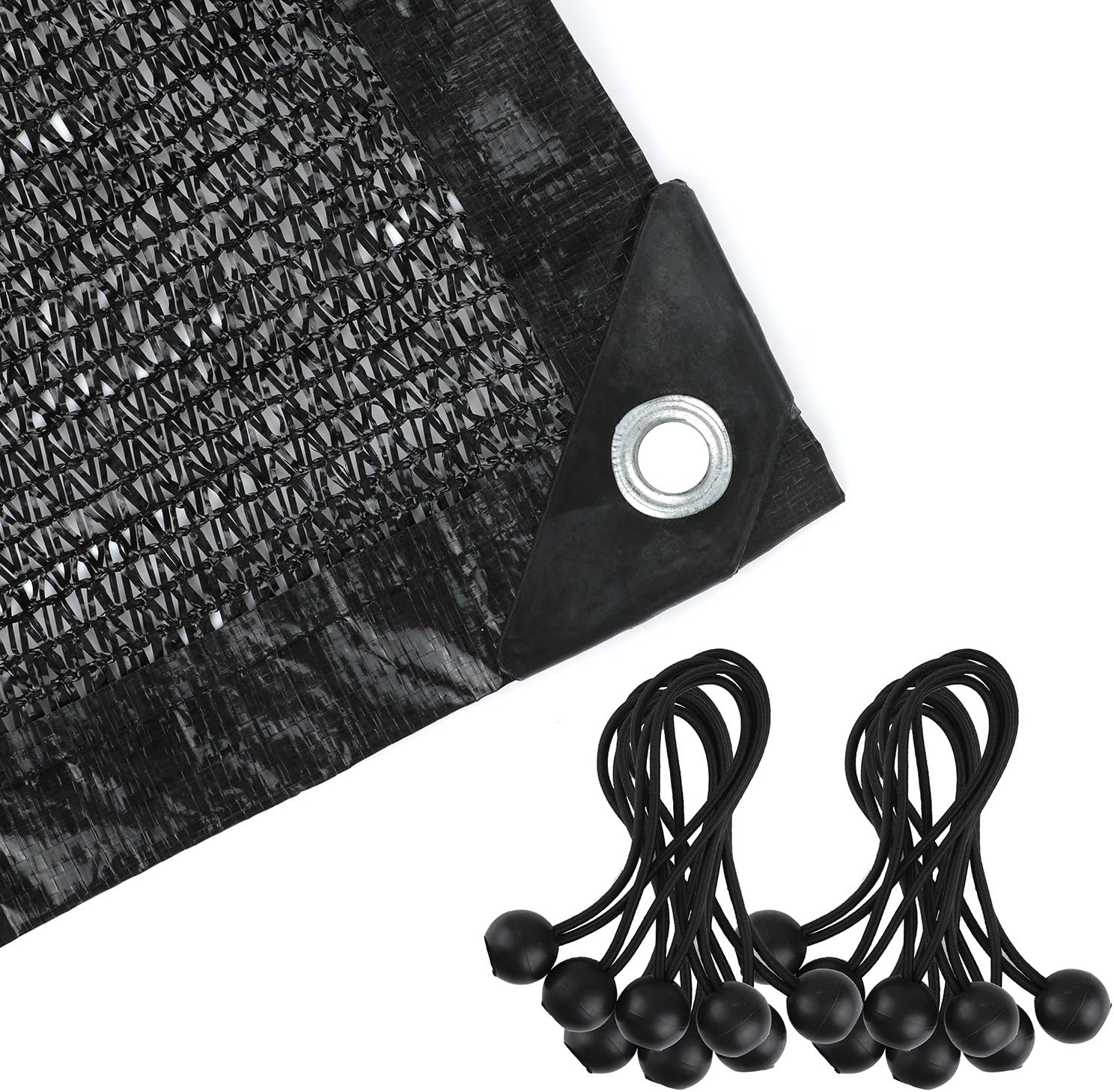 Shade Netting 70%-75% Sunblock Shade Cloth - Black Bulk UV Resistant Fabric Mesh Tarp for Greenhouse Plant Shade Net Taped Edge with Grommets Included 14pcs 6" BALL BUNGEE (10 ft x 13 ft / 3*4 M)