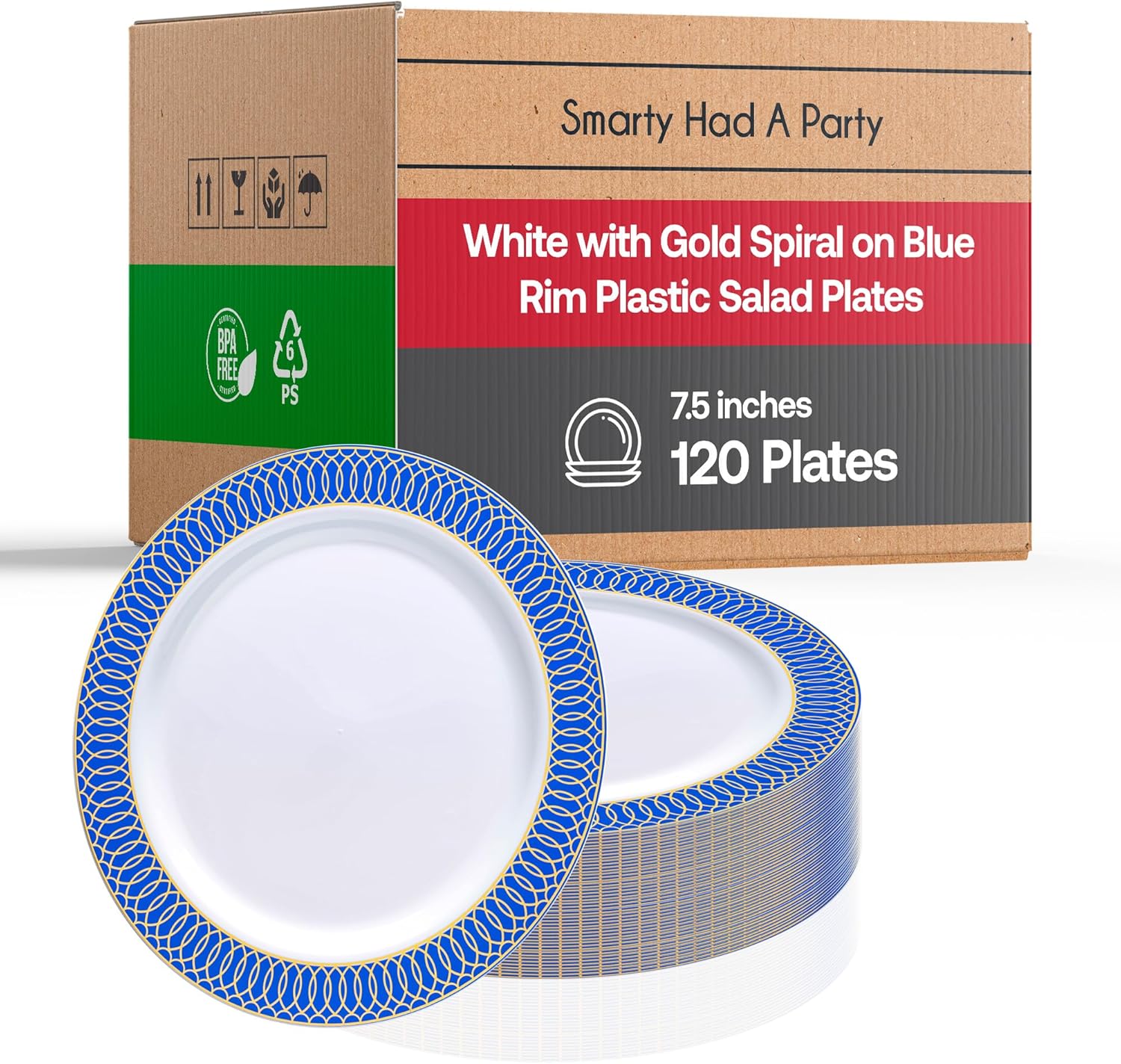 Elegant Disposable Plastic Dessert Plates 120 Pcs, 7.25" Heavy Duty Fancy White with Blue Appetizer Plates Party Supplies For Wedding, Birthday & All Occasions