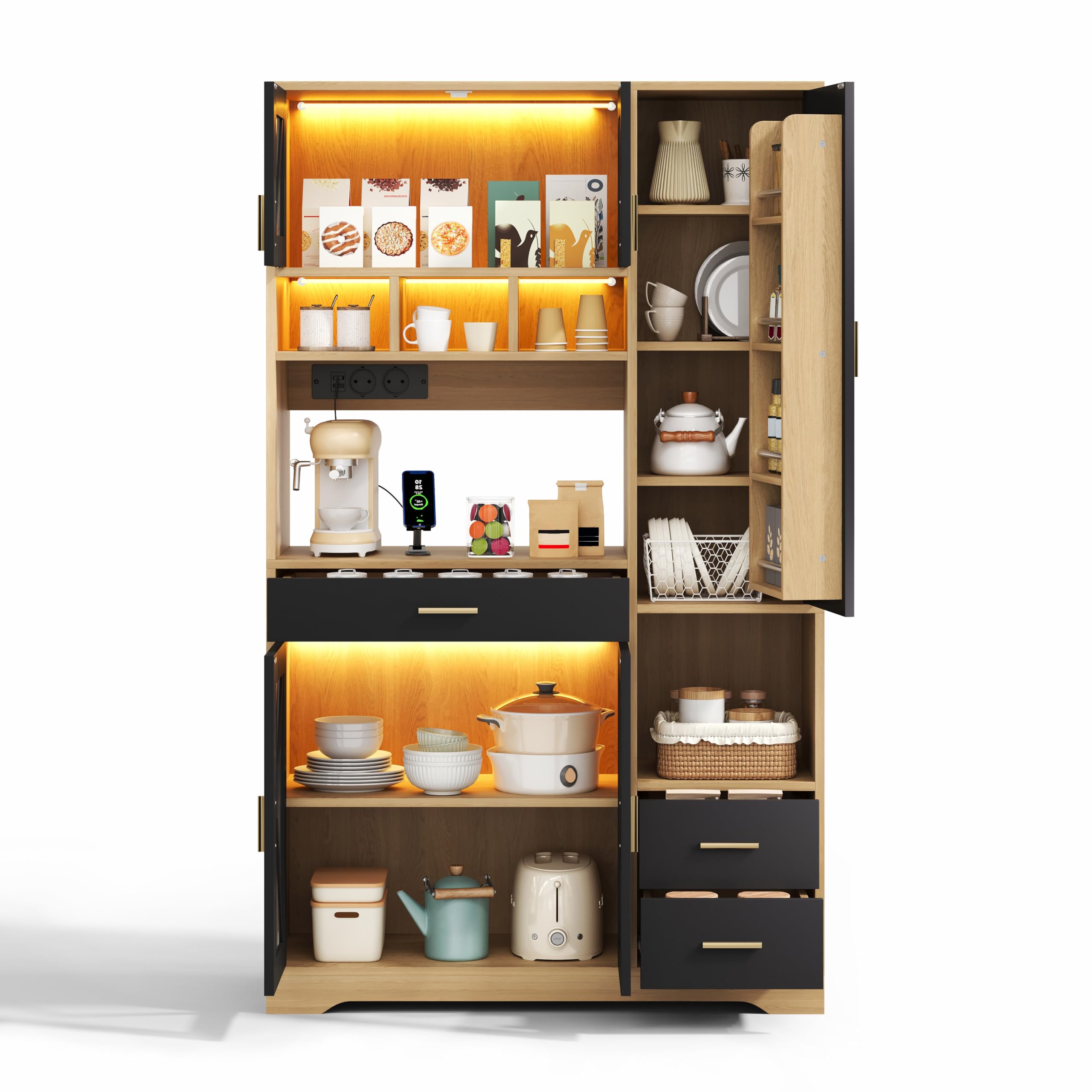 FurnitureR Küchenhochschrank, hoher Küchenschrank 105 x 40 x 185 cm, Schwarz, MDF Vorratsschrank mit 5 Türen und 3 Schubladen, APP-LED, Steckdosenleiste, als Stauraumlösung für Küche und Apartment