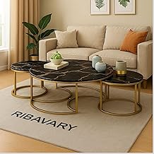 RIBAVARY Round Coffee Table Set of 3, Marble Laminated Accent Center Table with Sturdy Metal Base | Modern Nesting Stacking Sofa Tables for Living Room, Bedroom, or Apartments (Golden-Black)