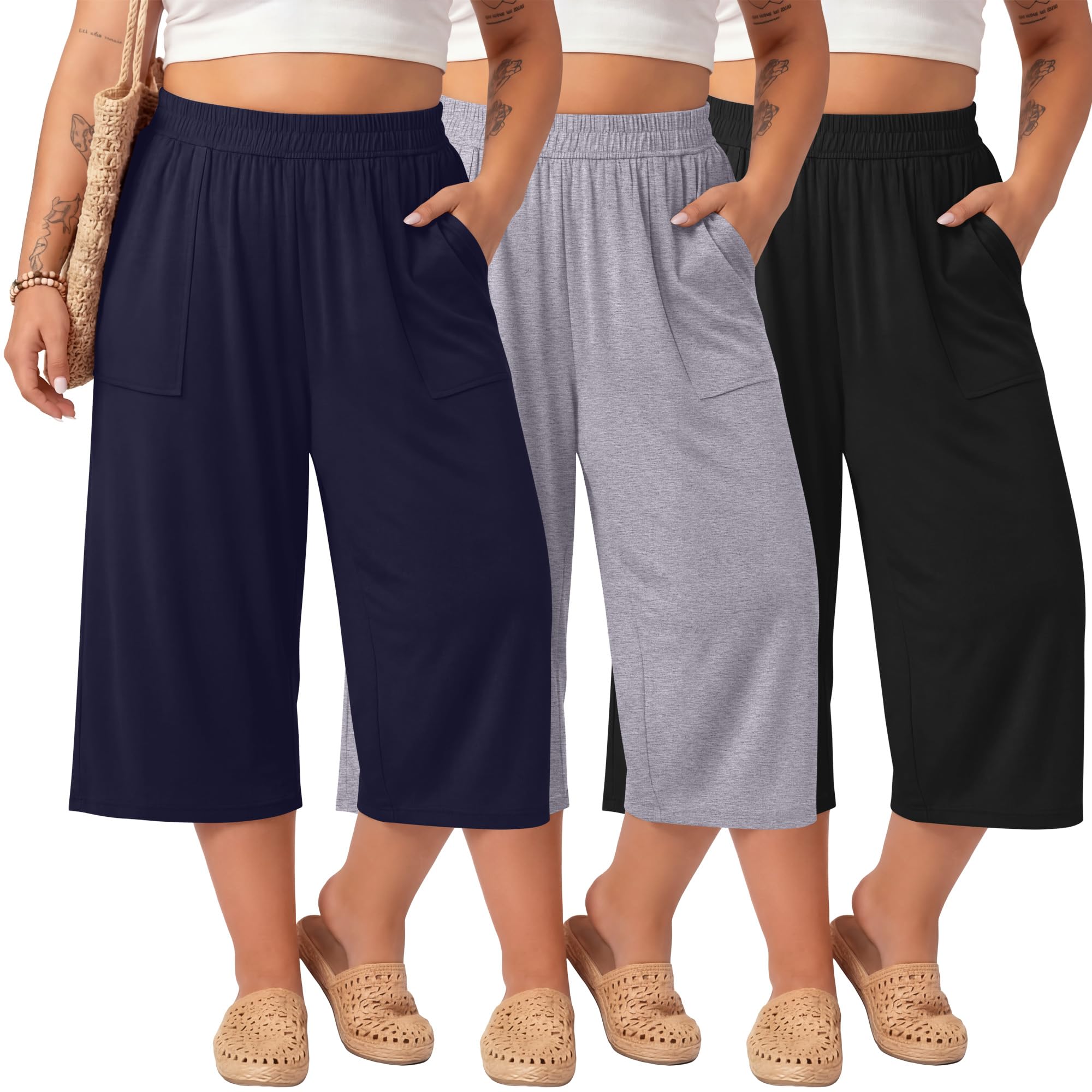 Neer Pack de 3 Pantalones Capri de algodón para Mujer, de Pierna Ancha, Tallas Grandes, Informales, con Cintura elástica, Ajuste Holgado, Pantalones Deportivos con Bolsillo