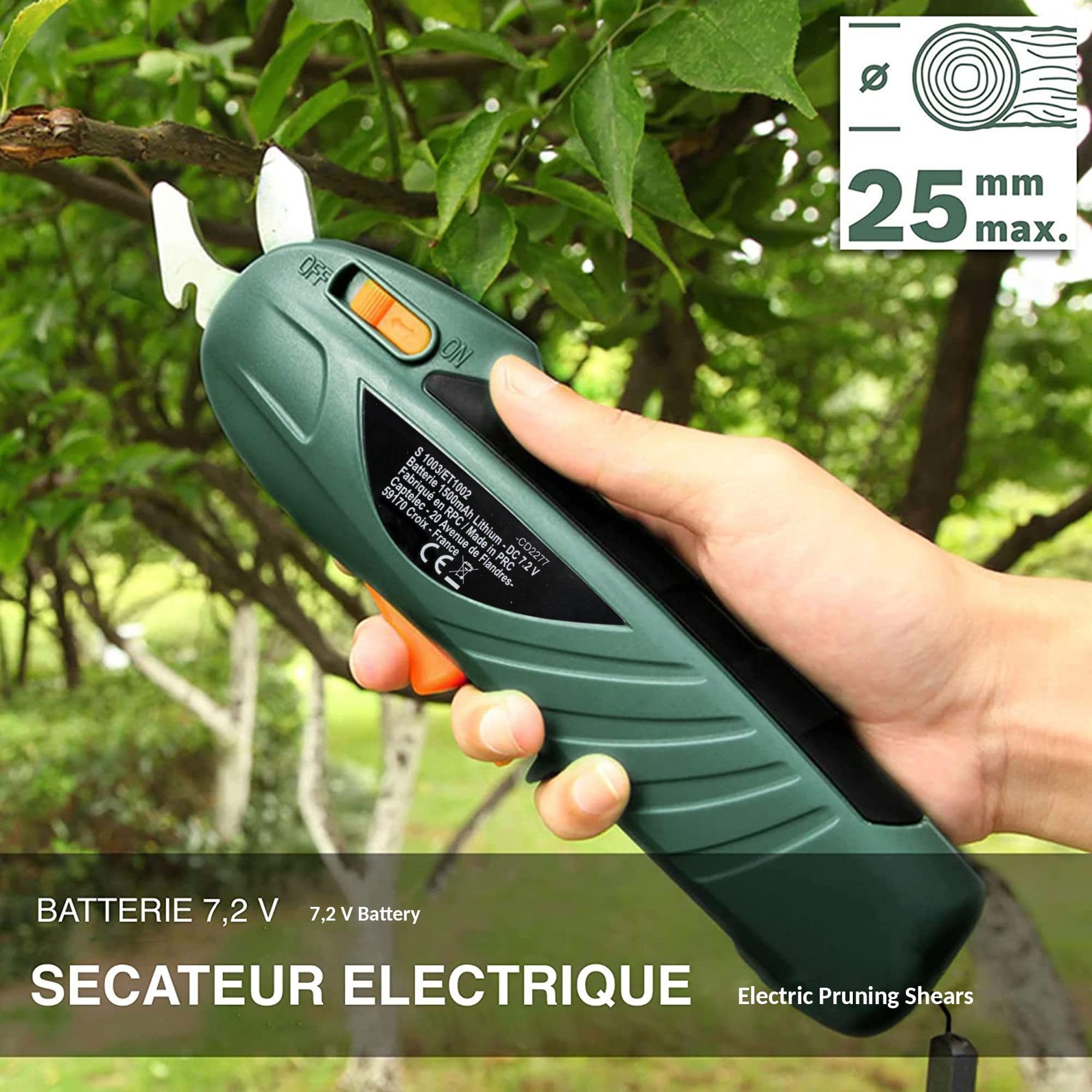 Tijeras de podar inalámbricas eléctricas con batería de litio recargable de 7,2 V - Cortarramas eléctrico - Podadora de jardín eléctrica - Cizalla de jardín - Cuchillas de acero