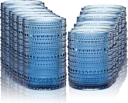 Vasos para beber con pajillas, color azul vintage, 15 onzas y 12 onzas en relieve para cócteles, whisky, cerveza, jugo (juego de 12)