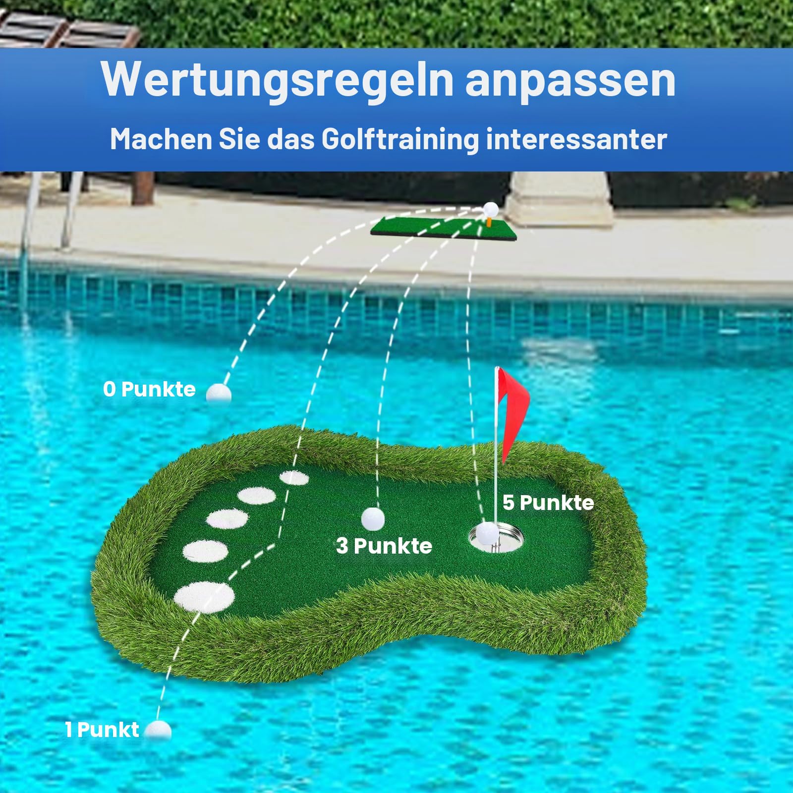 Schwimmendes Golfgrün für Pool, schwimmende grüne Matte mit Ball-Riever für Pool/See, kein Driften, schwimmendes Golf-Putting-Rasen-Spiel-Set für Golfer