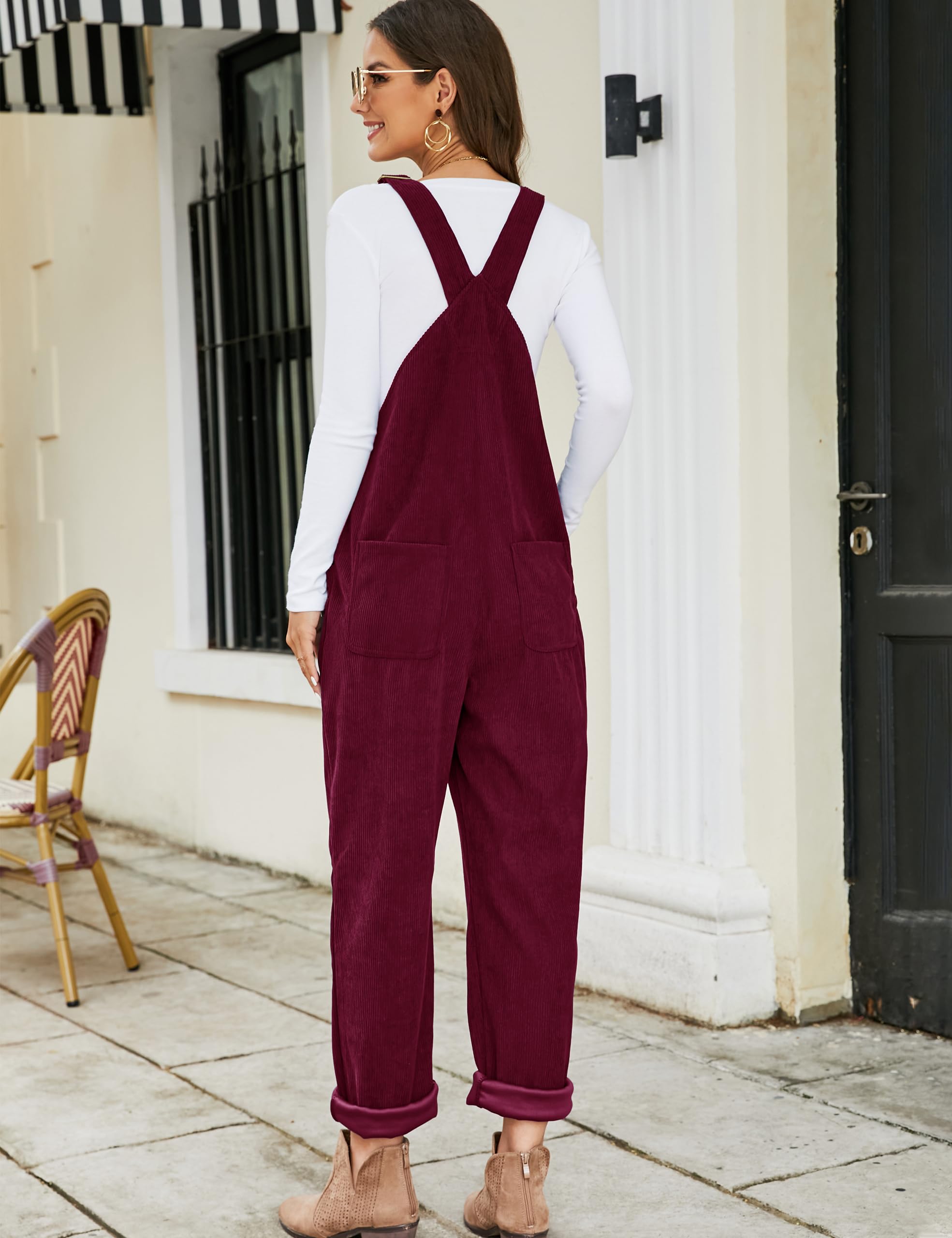 Flygo Corduroy Overalls for Women Loose Fit Adjustable Straps Long Bib Pants Wide Leg Jumpsuits with Pockets